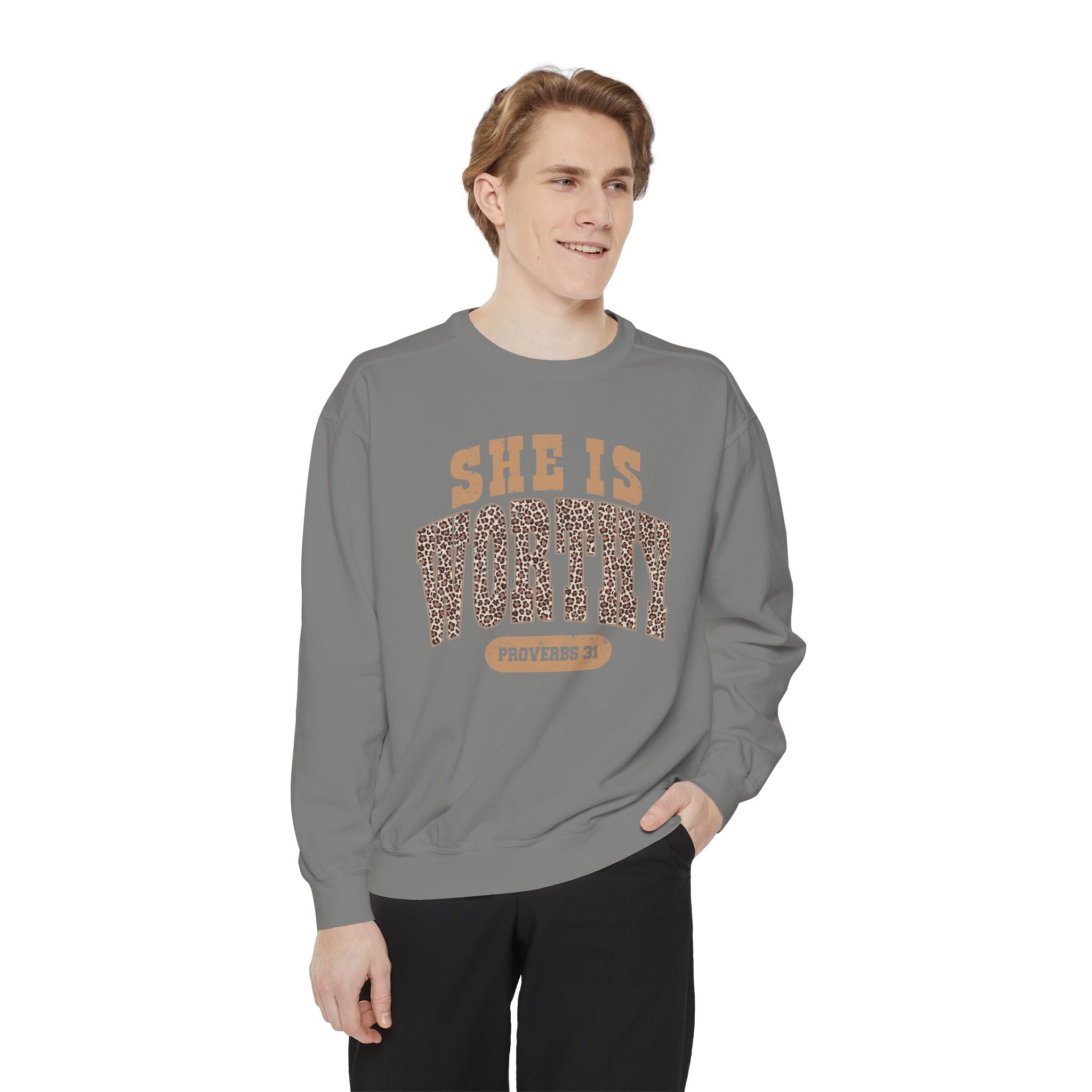 She Is Worthy Sweatshirt — Leopard Print Proverbs 31 Inspirational Pullover