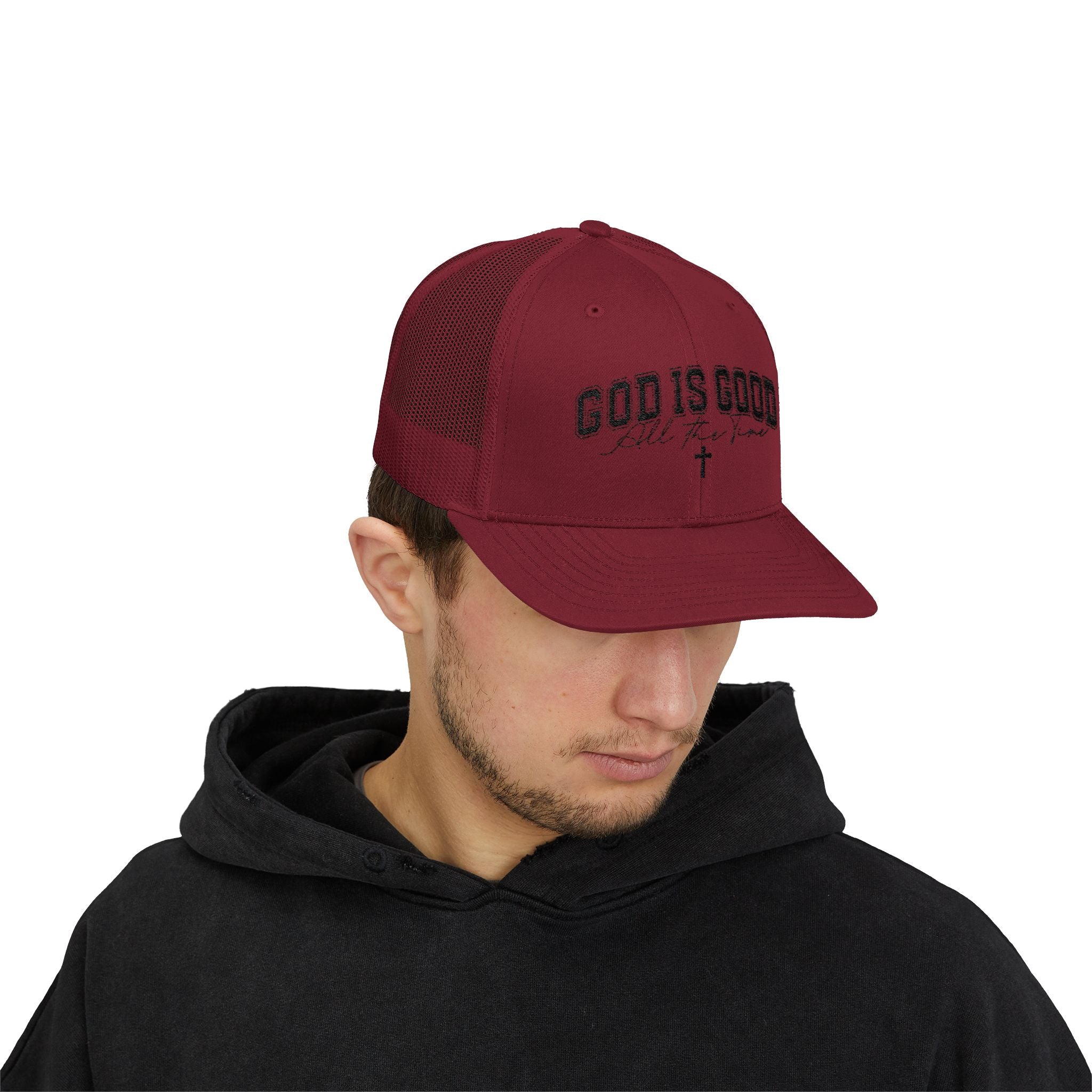 God Is Good Trucker Cap – Faith-Based Snapback Hat with Cross