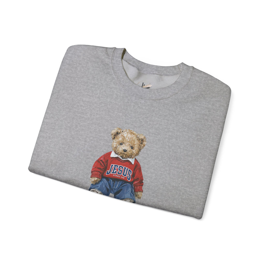 Crewneck Sweatshirt — Teddy Bear Wearing 'Jesus' Sweater Christian Graphic