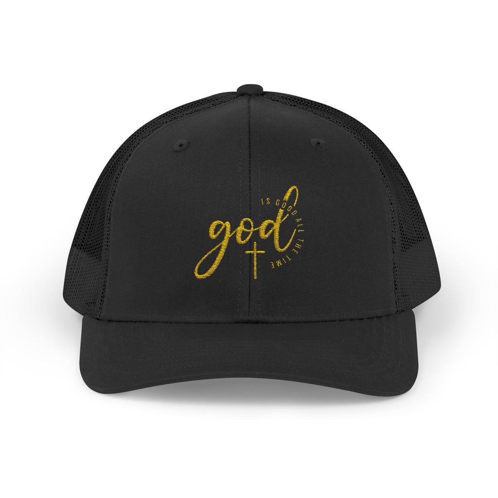 God Script Trucker Cap — Gold Sparkle Faith Snapback