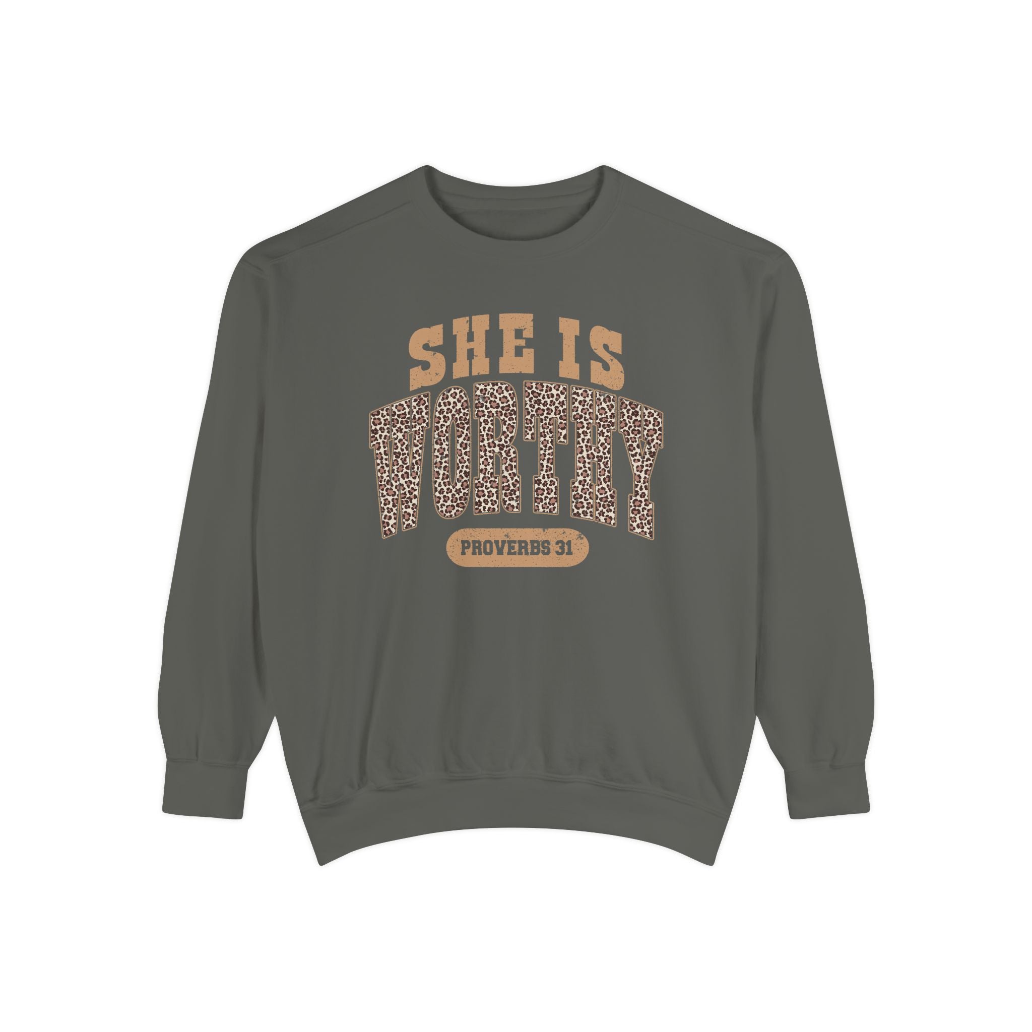 She Is Worthy Sweatshirt — Leopard Print Proverbs 31 Inspirational Pullover