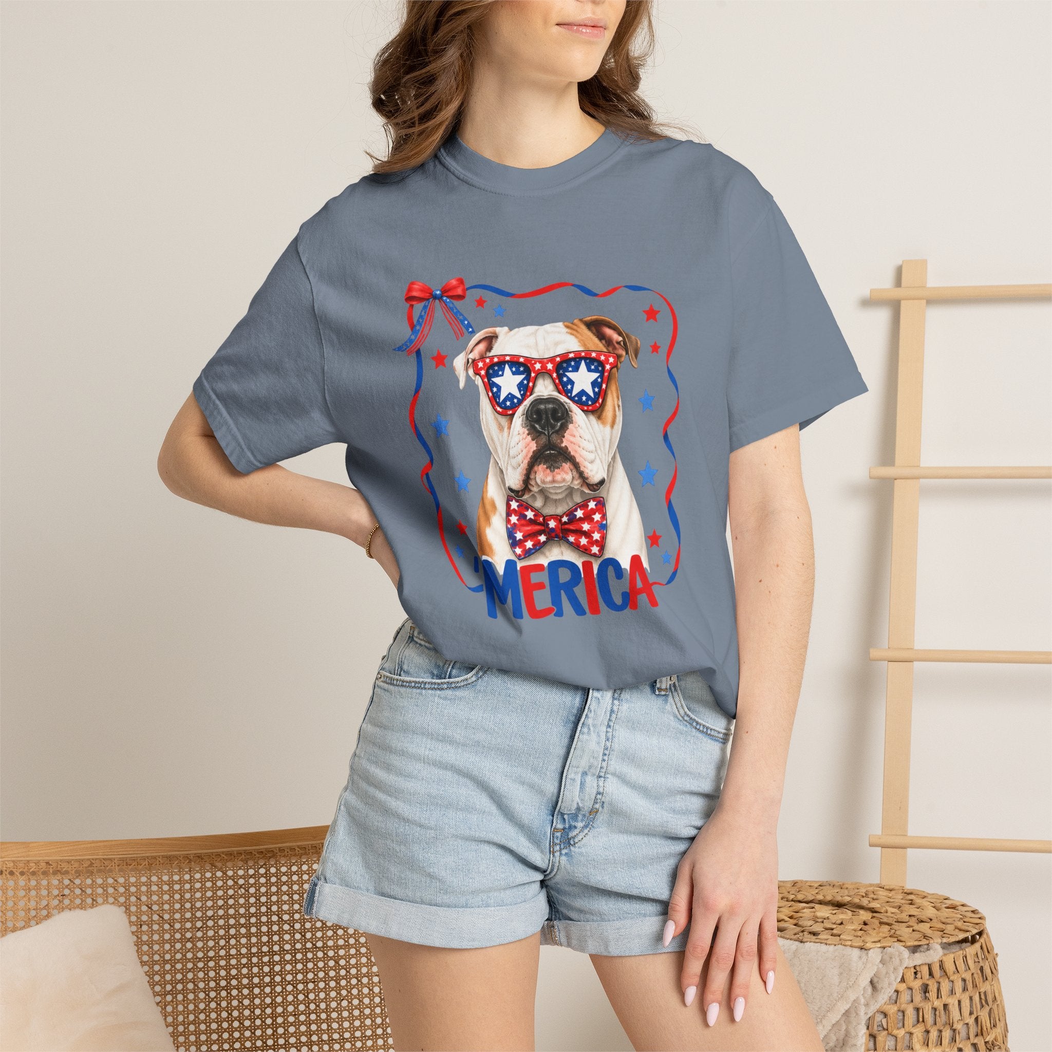 T-Shirt | 'Merica Patriotic Dog Graphic Tee – American Flag Sunglasses & Bow Tie