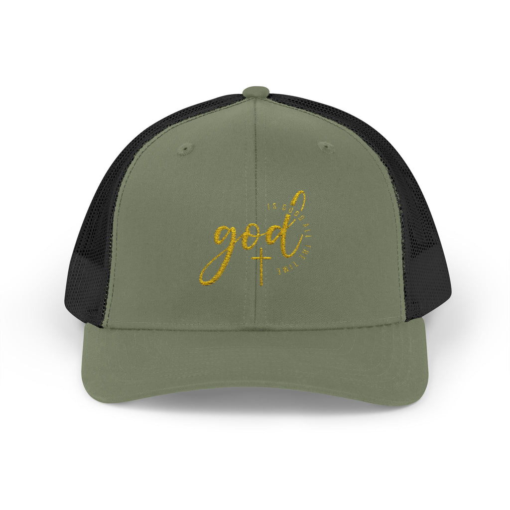 God Script Trucker Cap — Gold Sparkle Faith Snapback