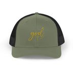 God Script Trucker Cap — Gold Sparkle Faith Snapback