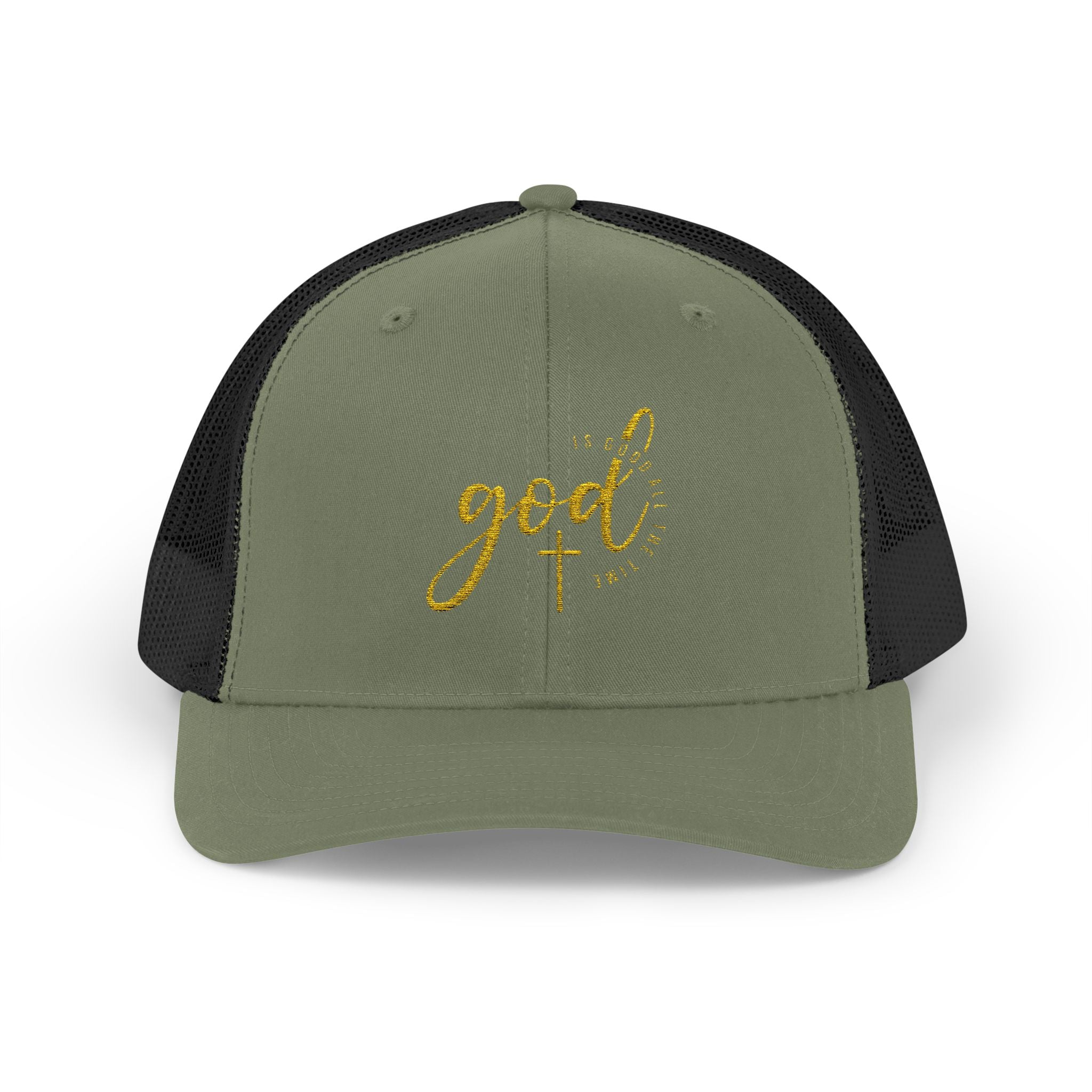 God Script Trucker Cap — Gold Sparkle Faith Snapback