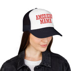 American Mama Trucker Hat - Vintage Red Distressed Foam Mesh Cap for Patriotic Moms