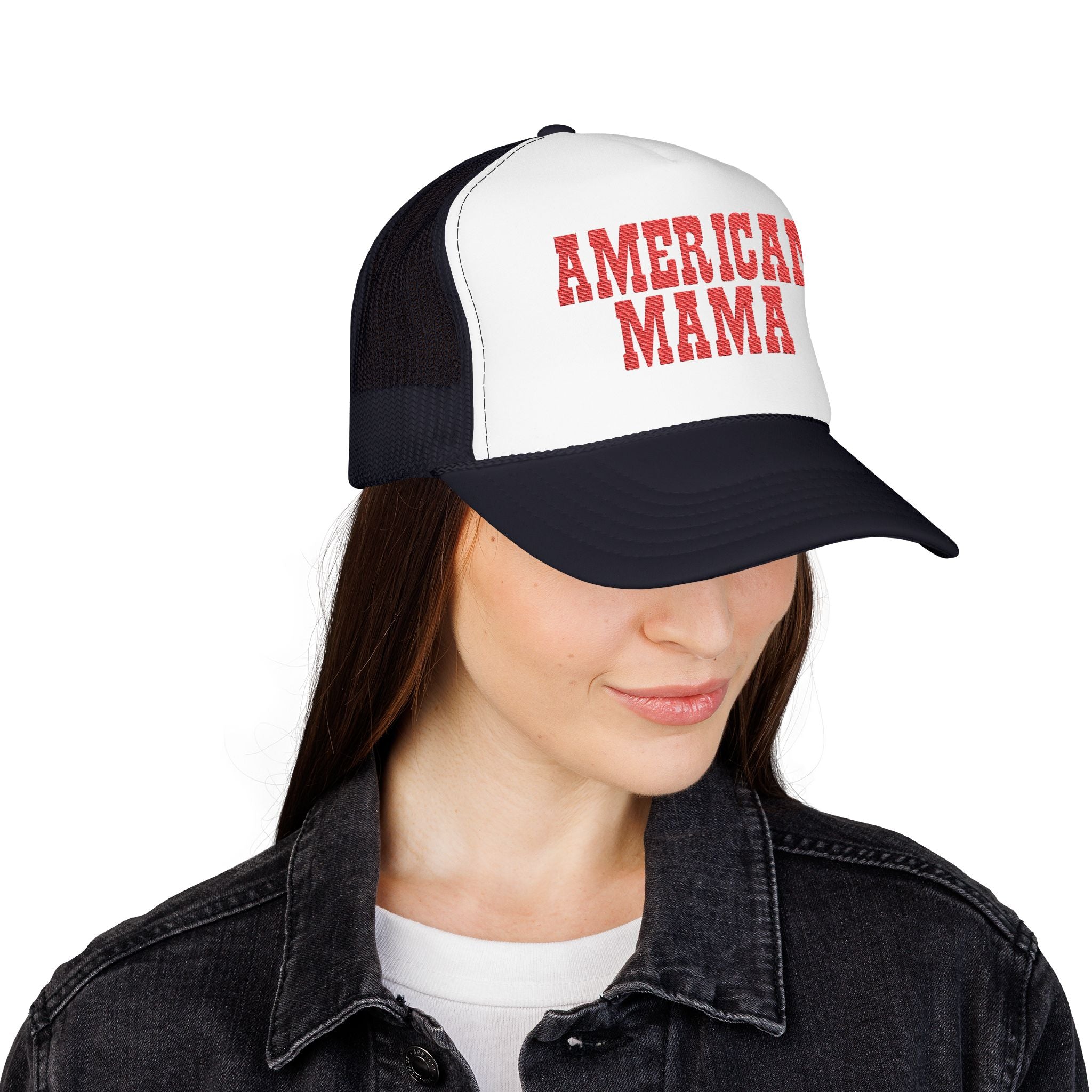 American Mama Trucker Hat - Vintage Red Distressed Foam Mesh Cap for Patriotic Moms