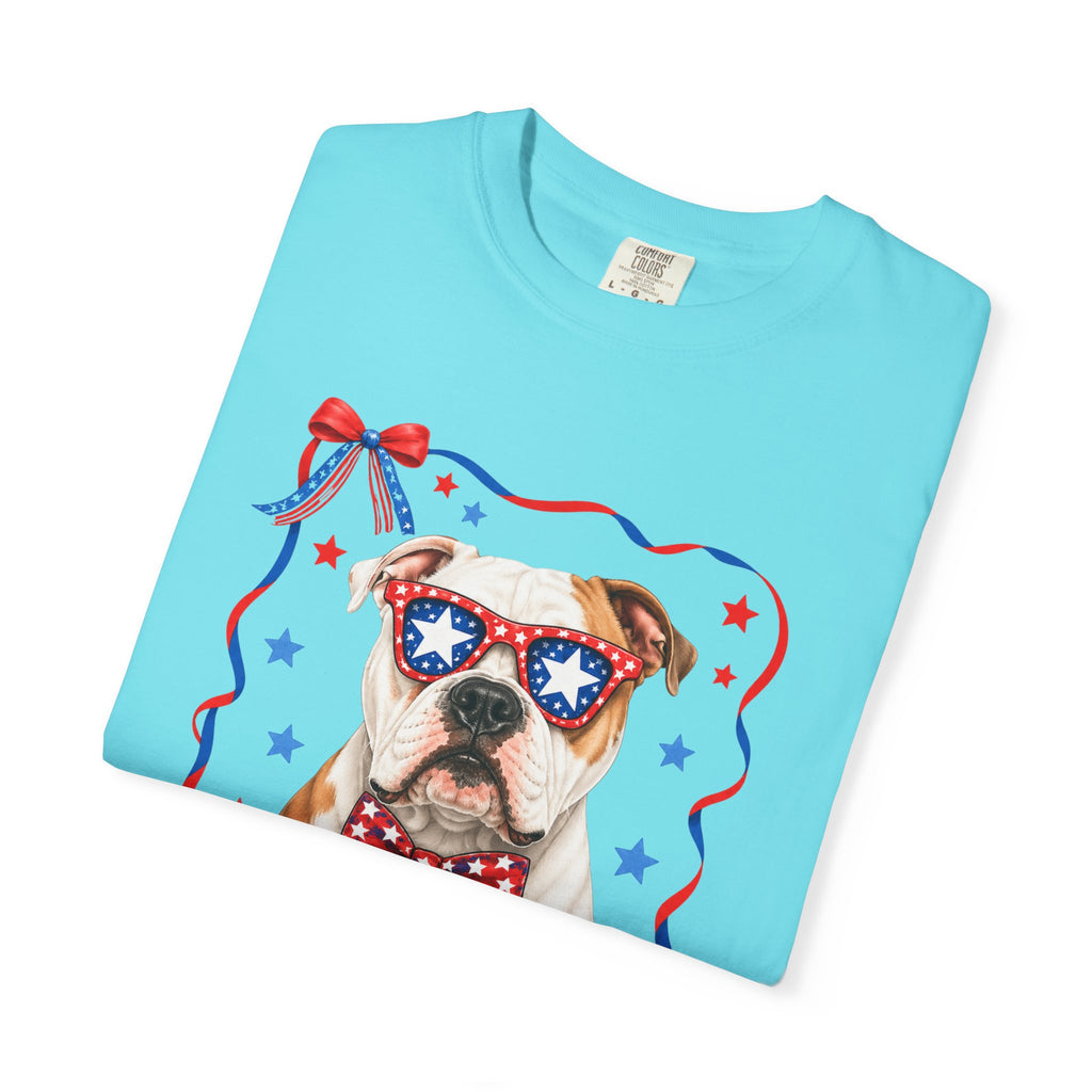 T-Shirt | 'Merica Patriotic Dog Graphic Tee – American Flag Sunglasses & Bow Tie