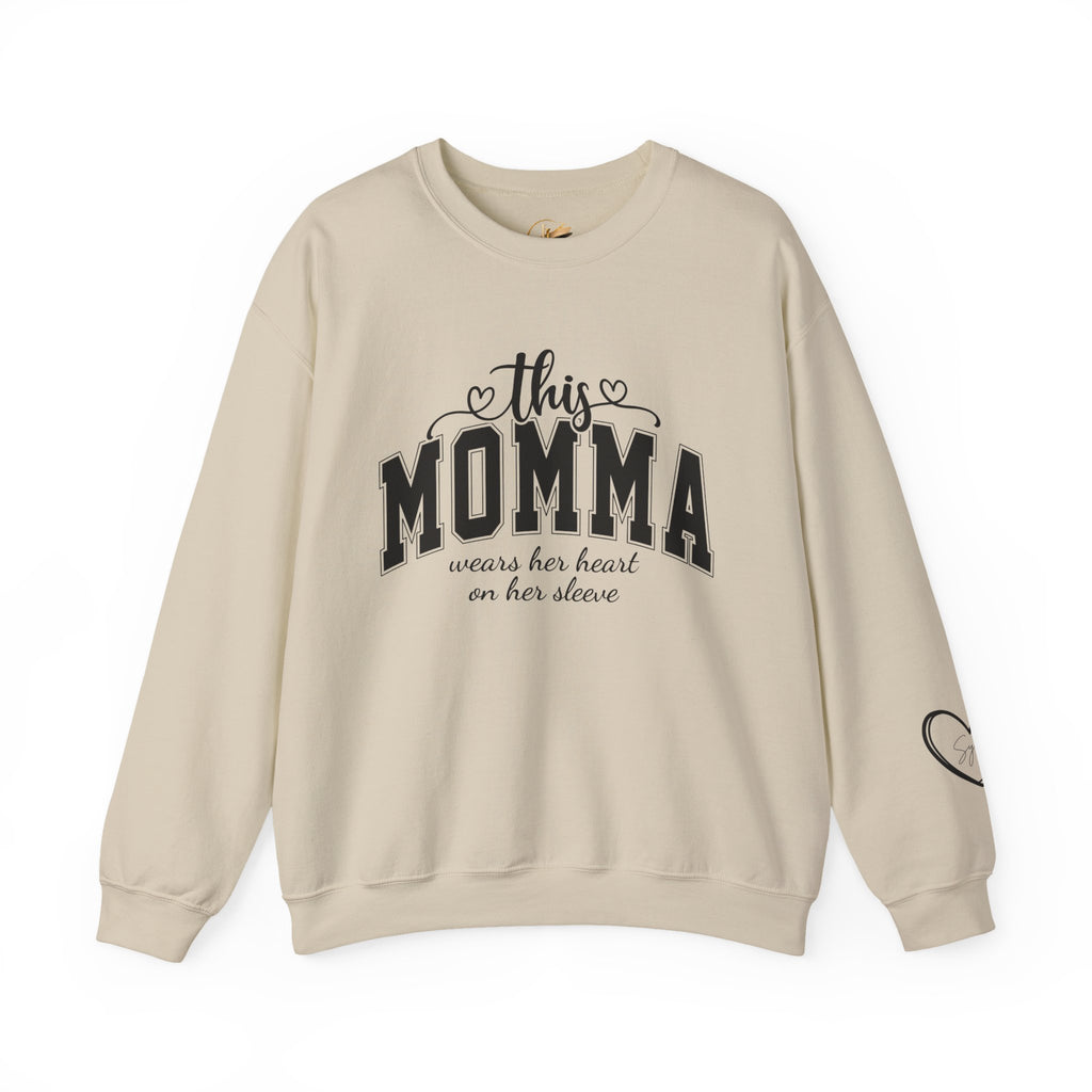 Customized Momma, Gigi, Grammy, Grandma, Mama, Mom, or Nana  Crewneck Sweatshirt – “This ….. Wears Her Heart on Her Sleeve” Cozy Pullover