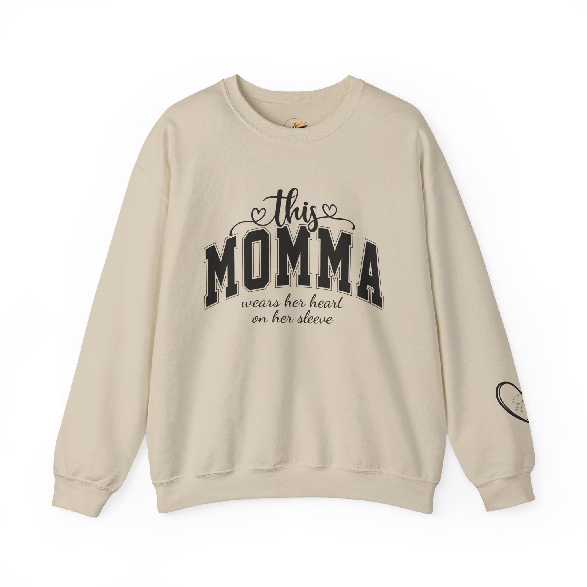 Customized Momma, Gigi, Grammy, Grandma, Mama, Mom, or Nana  Crewneck Sweatshirt – “This ….. Wears Her Heart on Her Sleeve” Cozy Pullover