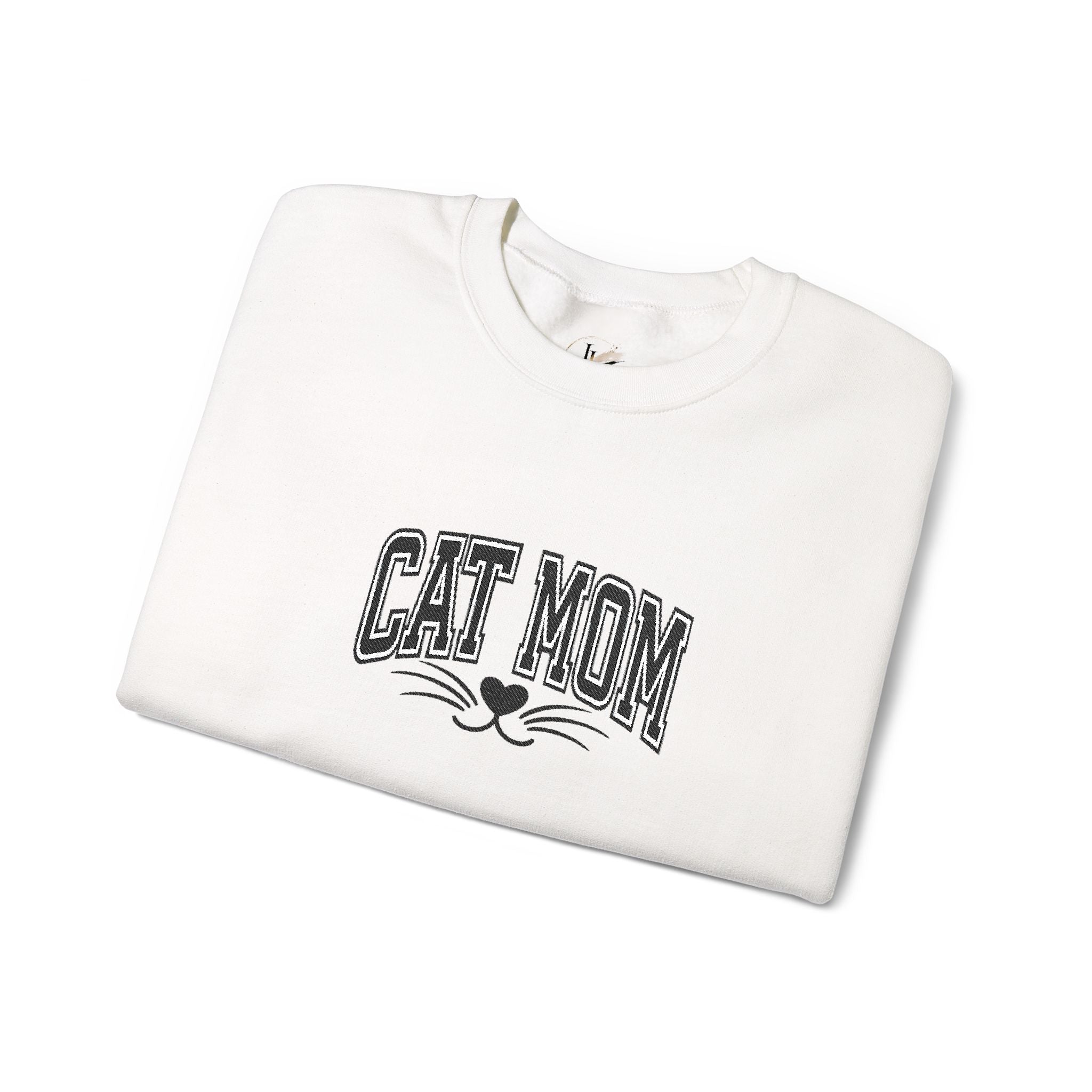 Cat Mom Crewneck Sweatshirt — Vintage Script Cat Face Graphic