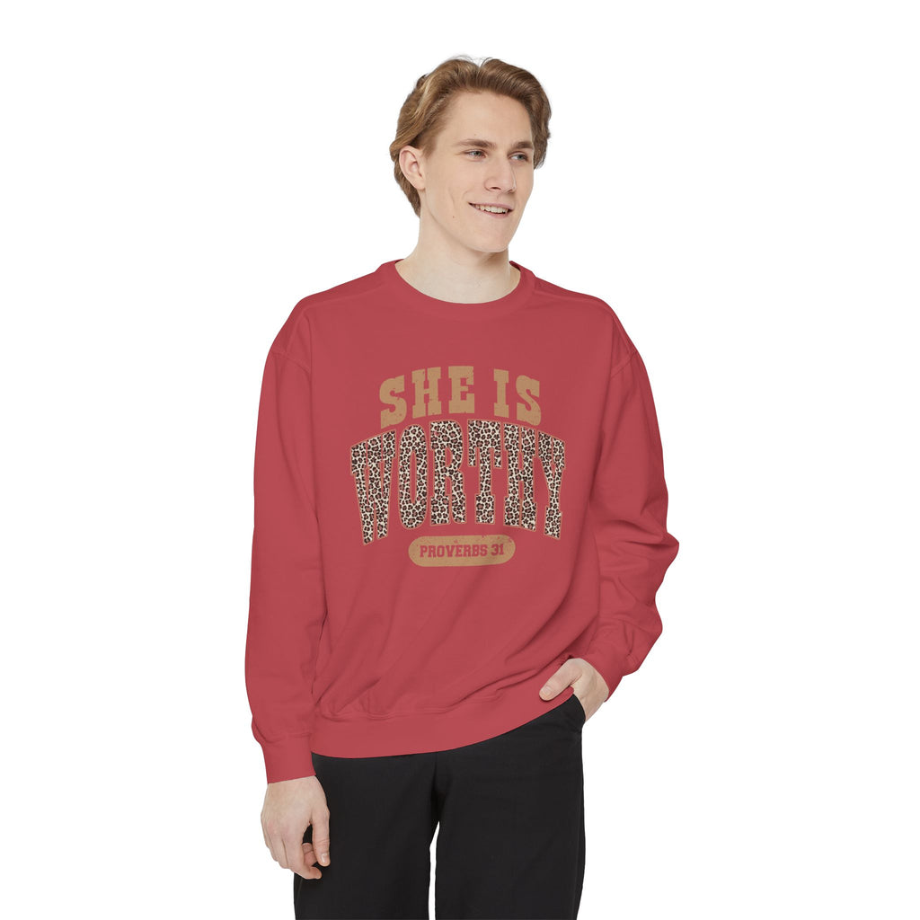 She Is Worthy Sweatshirt — Leopard Print Proverbs 31 Inspirational Pullover