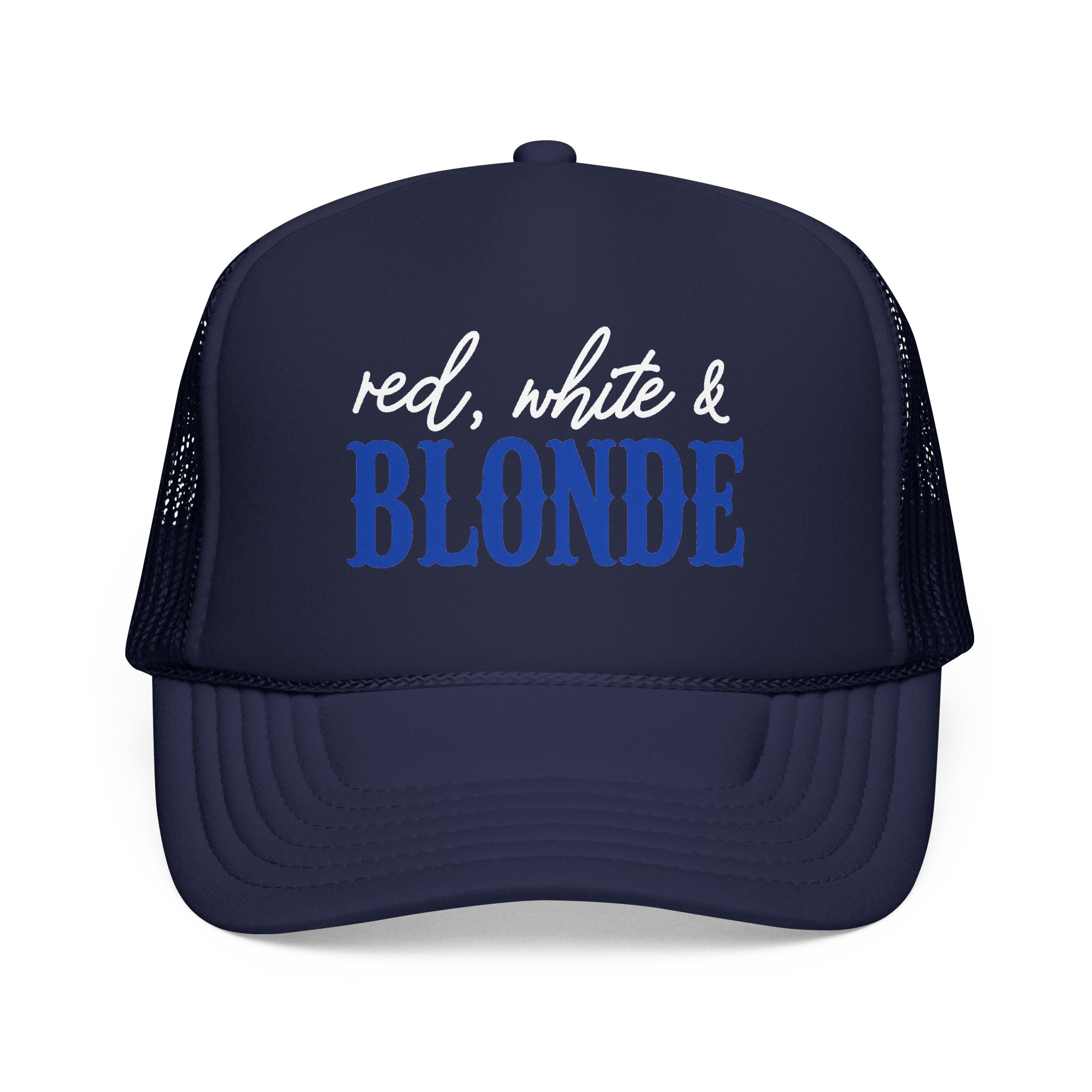 Red, White & Blonde Trucker Hat — Patriotic Blonde Foam Trucker Hat