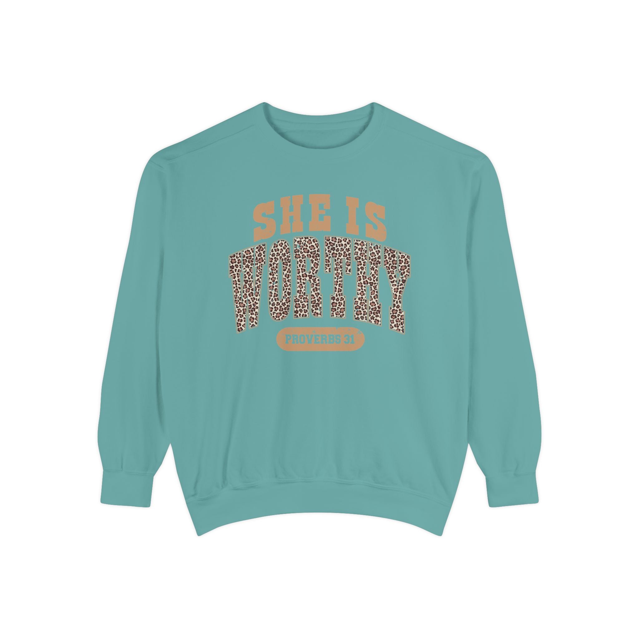 She Is Worthy Sweatshirt — Leopard Print Proverbs 31 Inspirational Pullover