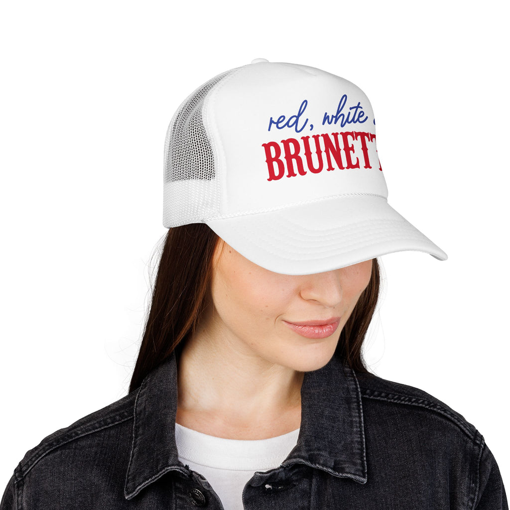 Red, White & Brunette Trucker Hat — Patriotic Foam Mesh Cap for Women