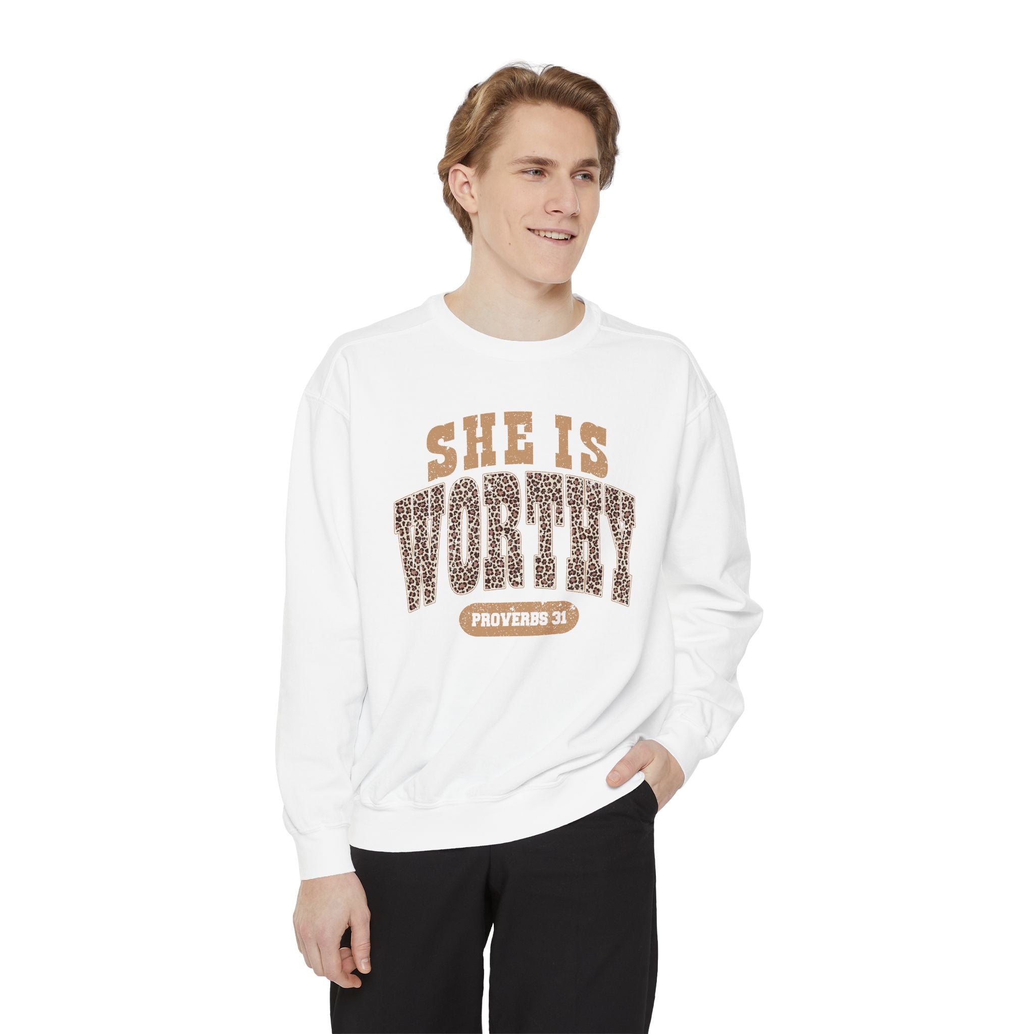 She Is Worthy Sweatshirt — Leopard Print Proverbs 31 Inspirational Pullover