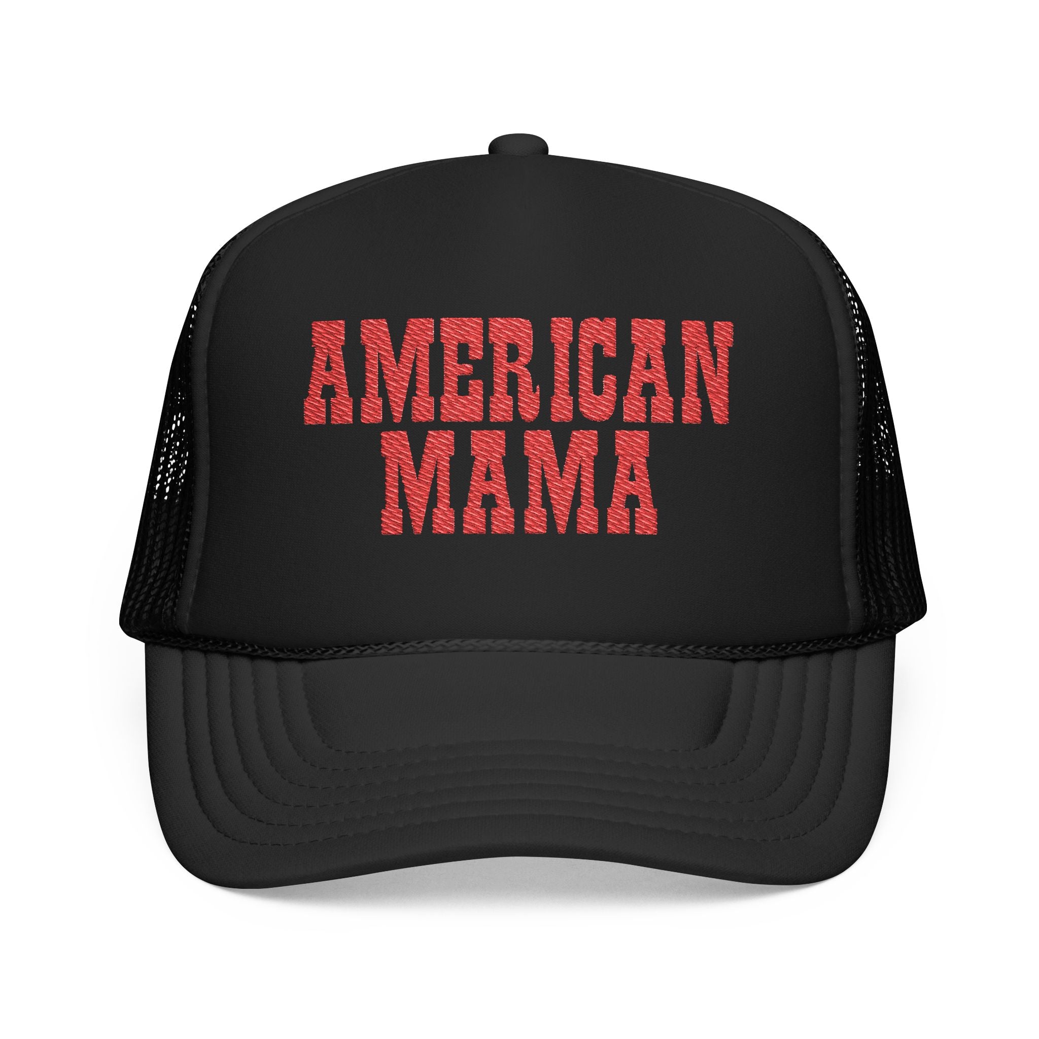 American Mama Trucker Hat - Vintage Red Distressed Foam Mesh Cap for Patriotic Moms