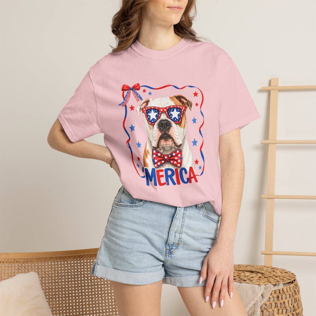 T-Shirt | 'Merica Patriotic Dog Graphic Tee – American Flag Sunglasses & Bow Tie