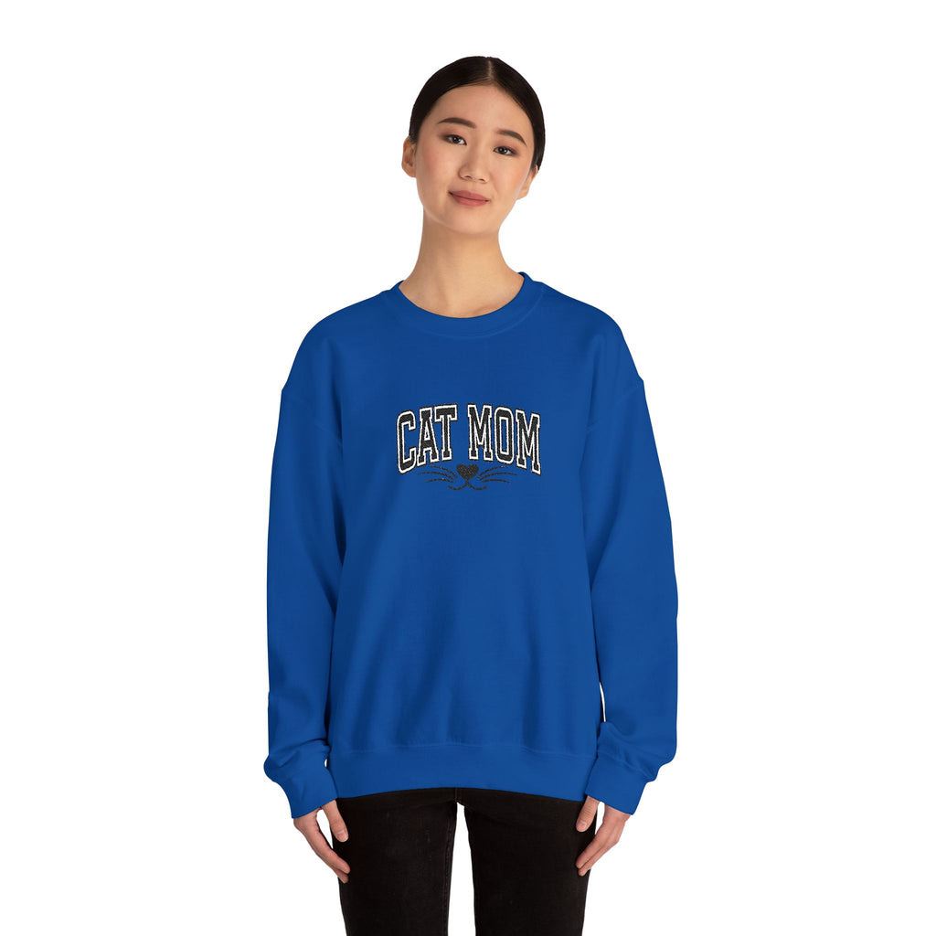 Cat Mom Crewneck Sweatshirt — Vintage Script Cat Face Graphic