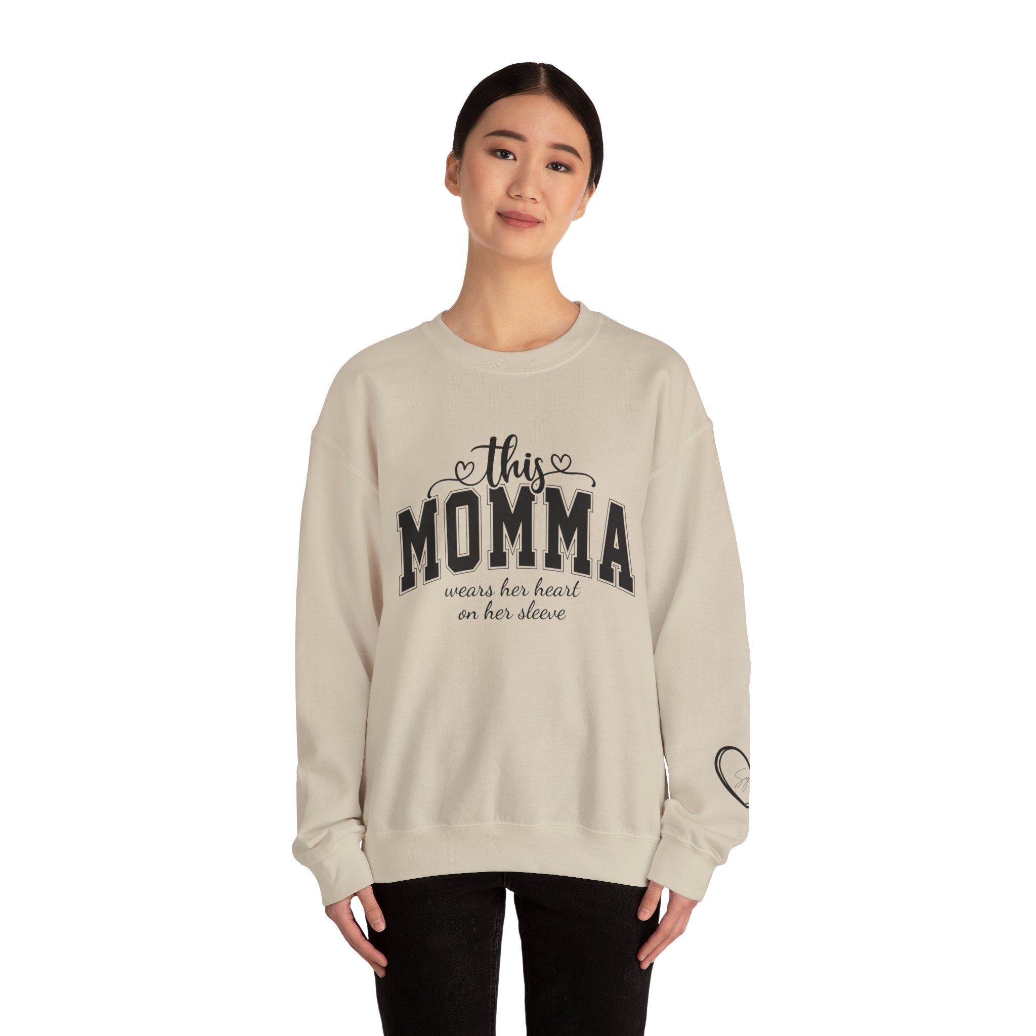 Customized Momma, Gigi, Grammy, Grandma, Mama, Mom, or Nana  Crewneck Sweatshirt – “This ….. Wears Her Heart on Her Sleeve” Cozy Pullover
