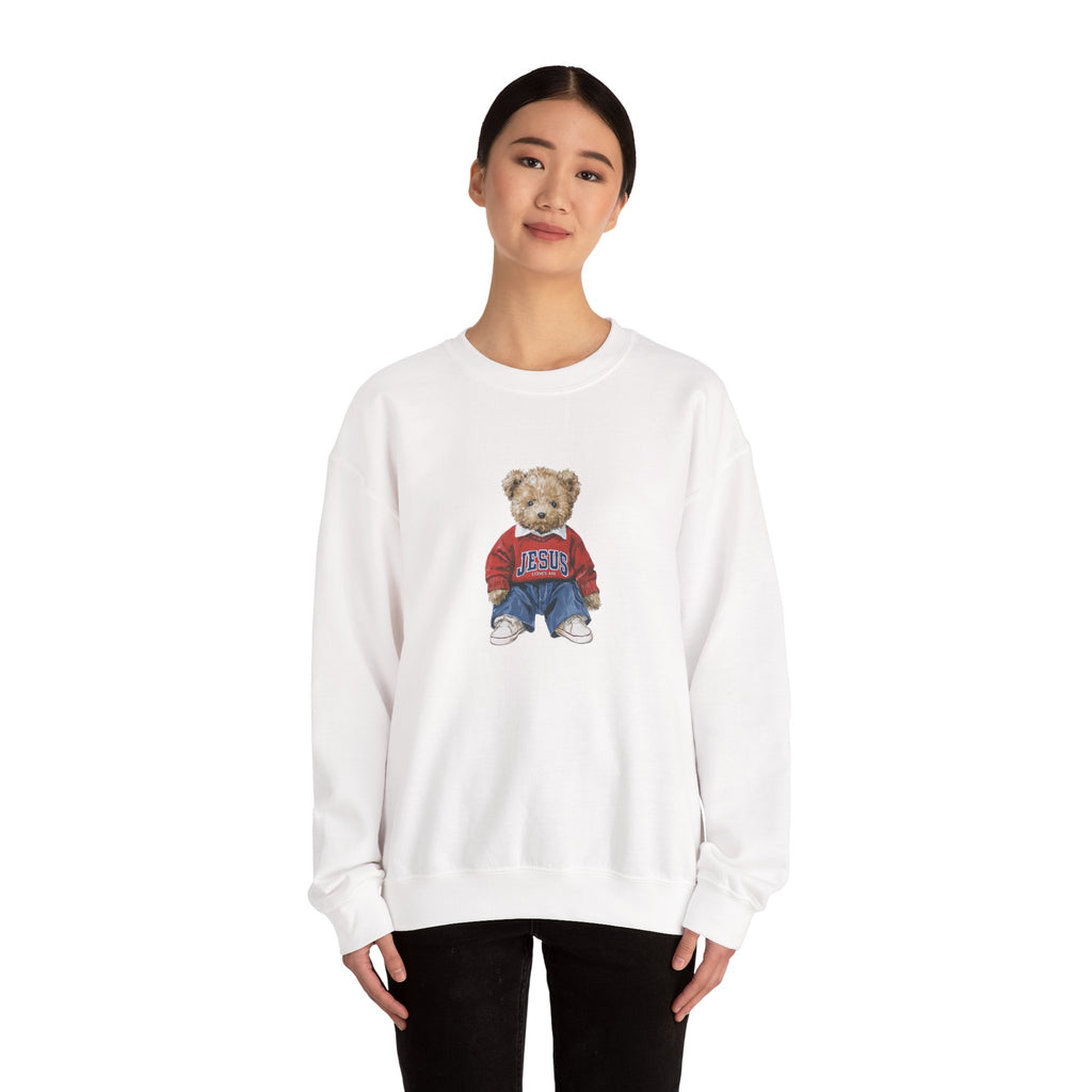 Crewneck Sweatshirt — Teddy Bear Wearing 'Jesus' Sweater Christian Graphic