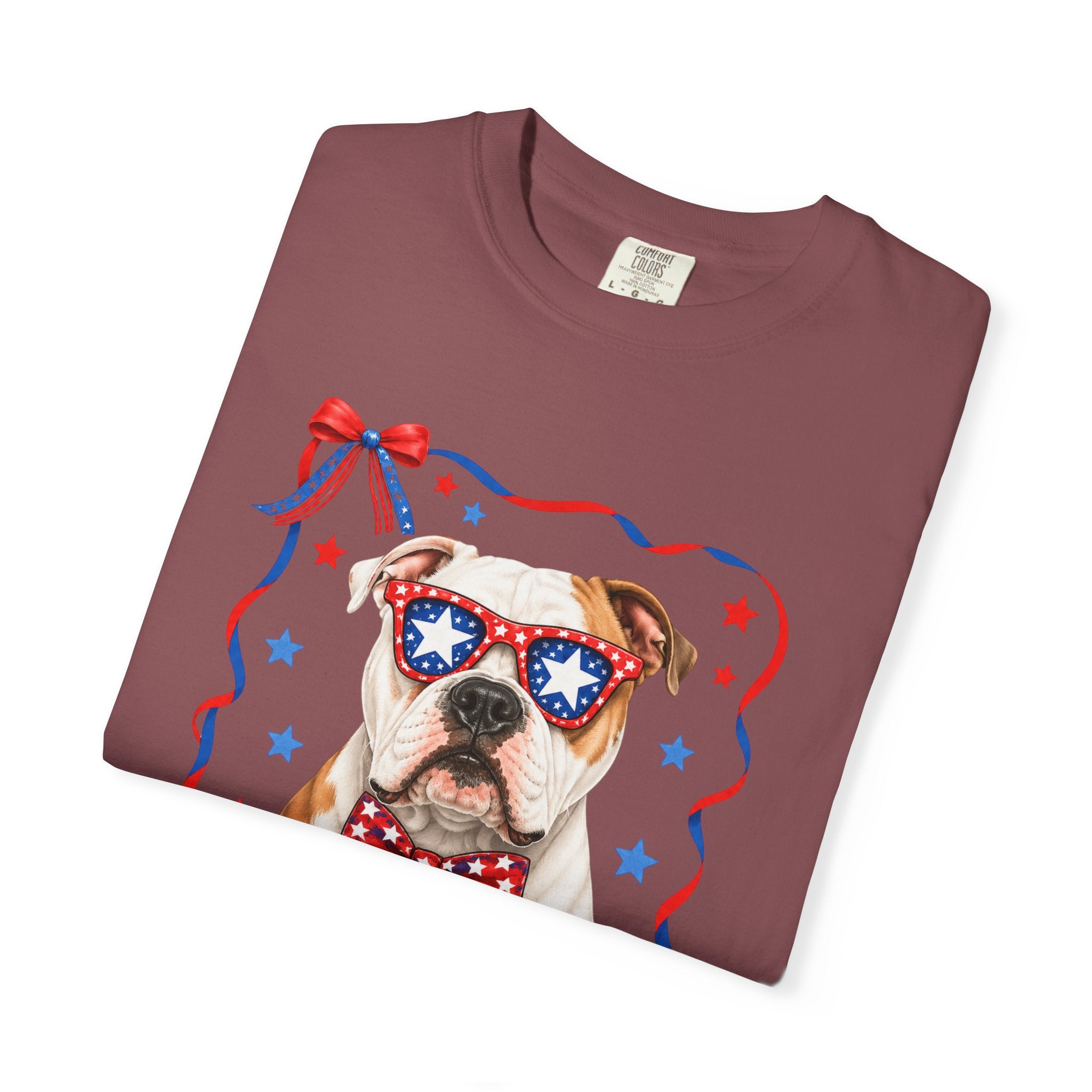 T-Shirt | 'Merica Patriotic Dog Graphic Tee – American Flag Sunglasses & Bow Tie