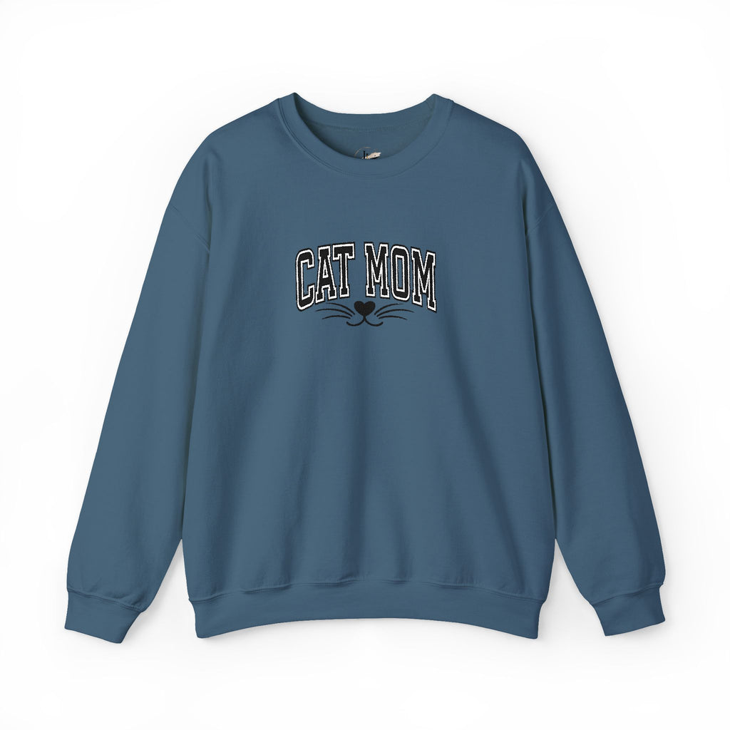 Cat Mom Crewneck Sweatshirt — Vintage Script Cat Face Graphic