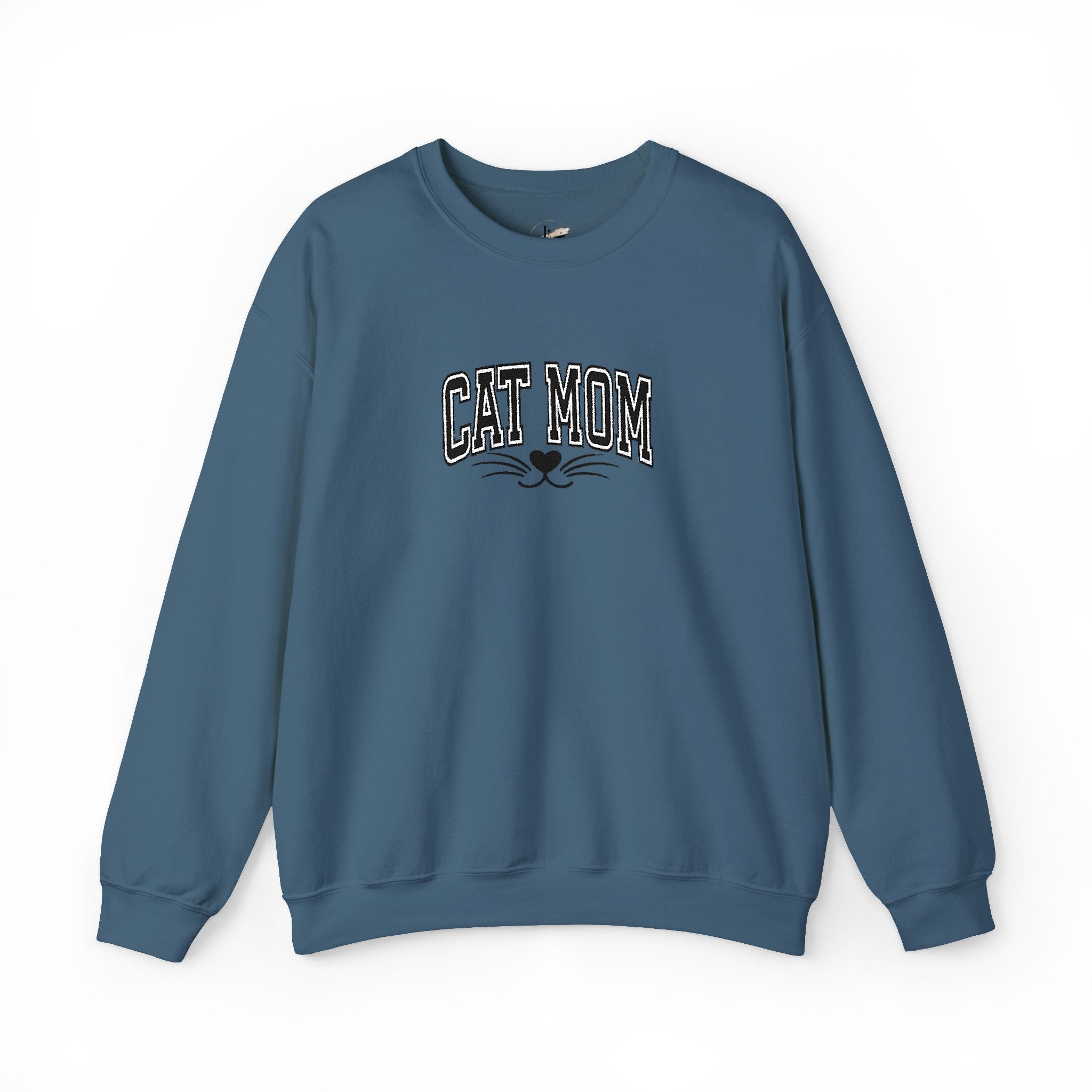 Cat Mom Crewneck Sweatshirt — Vintage Script Cat Face Graphic