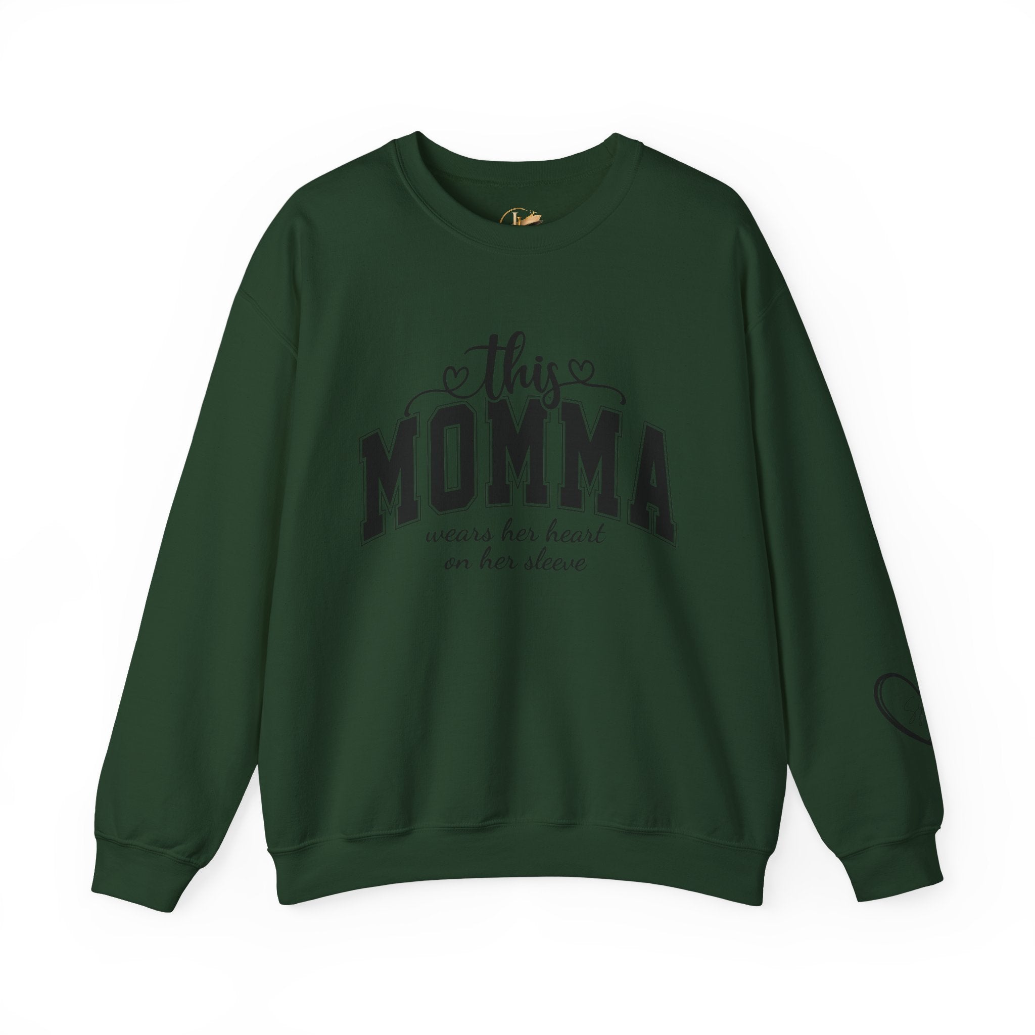 Customized Momma, Gigi, Grammy, Grandma, Mama, Mom, or Nana  Crewneck Sweatshirt – “This ….. Wears Her Heart on Her Sleeve” Cozy Pullover