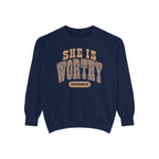She Is Worthy Sweatshirt — Leopard Print Proverbs 31 Inspirational Pullover