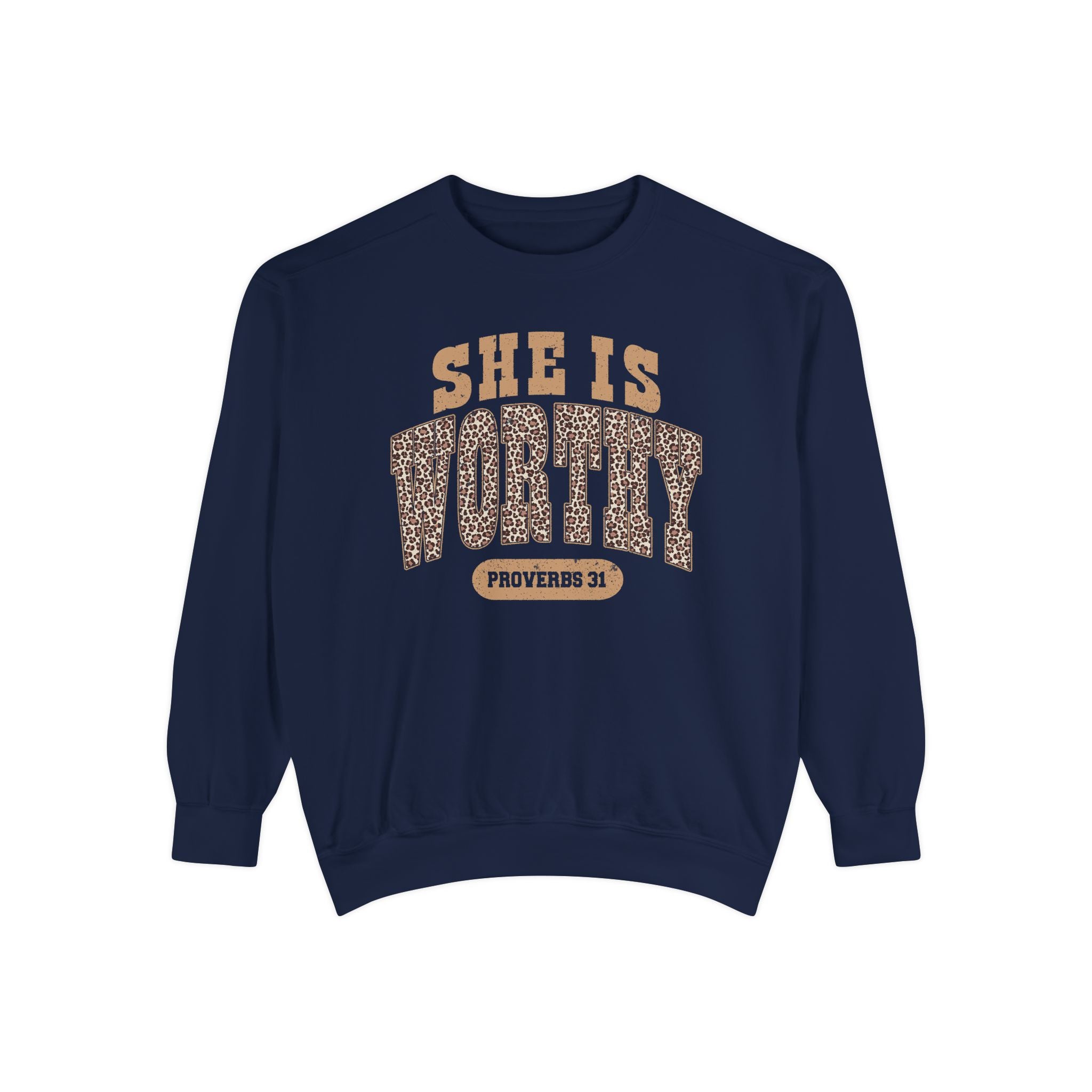 She Is Worthy Sweatshirt — Leopard Print Proverbs 31 Inspirational Pullover