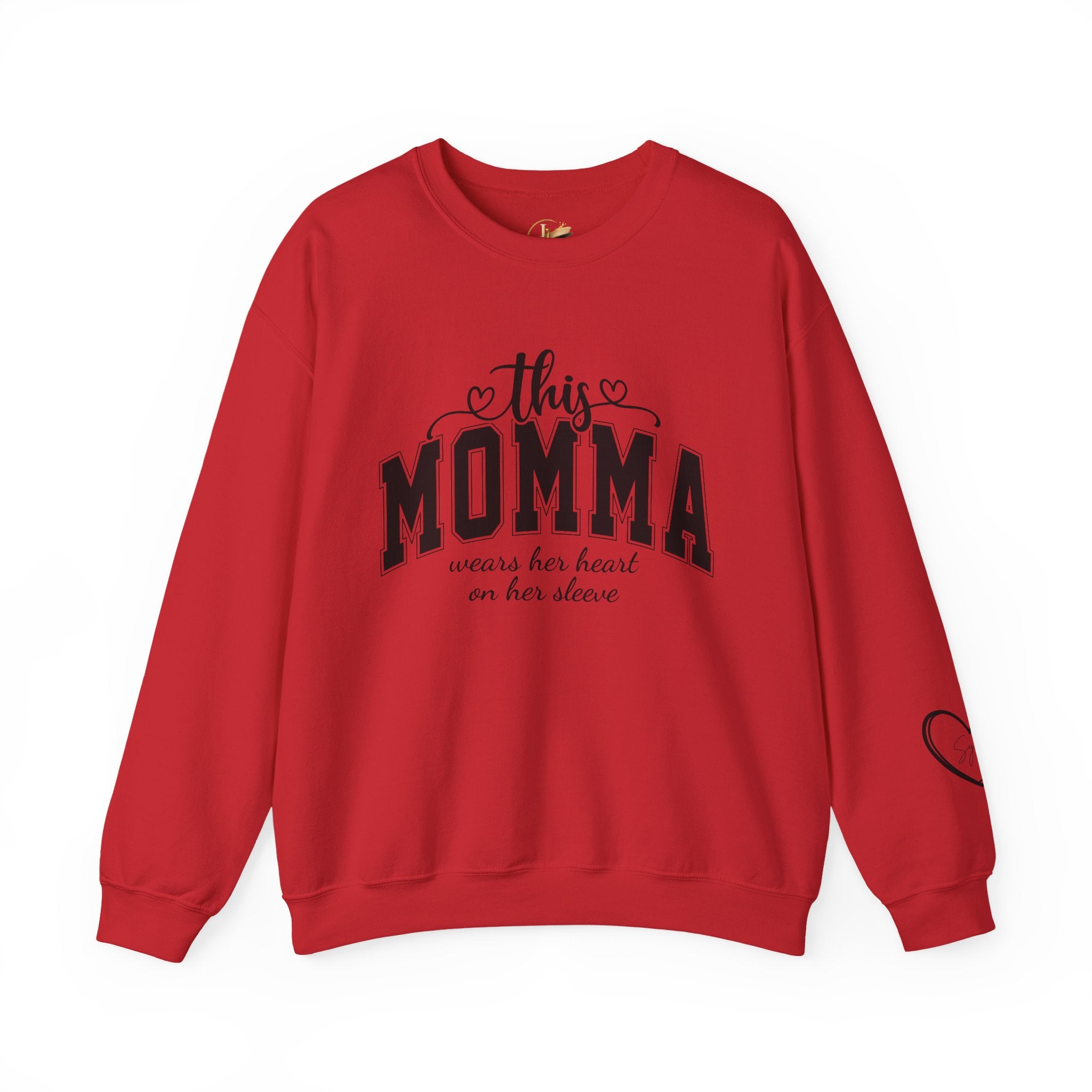 Customized Momma, Gigi, Grammy, Grandma, Mama, Mom, or Nana  Crewneck Sweatshirt – “This ….. Wears Her Heart on Her Sleeve” Cozy Pullover