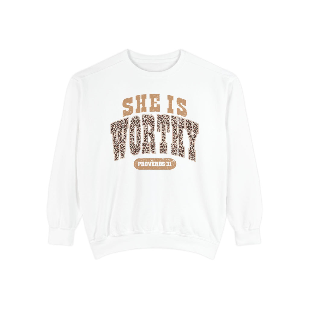 She Is Worthy Sweatshirt — Leopard Print Proverbs 31 Inspirational Pullover