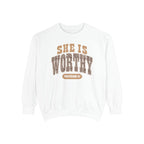 She Is Worthy Sweatshirt — Leopard Print Proverbs 31 Inspirational Pullover