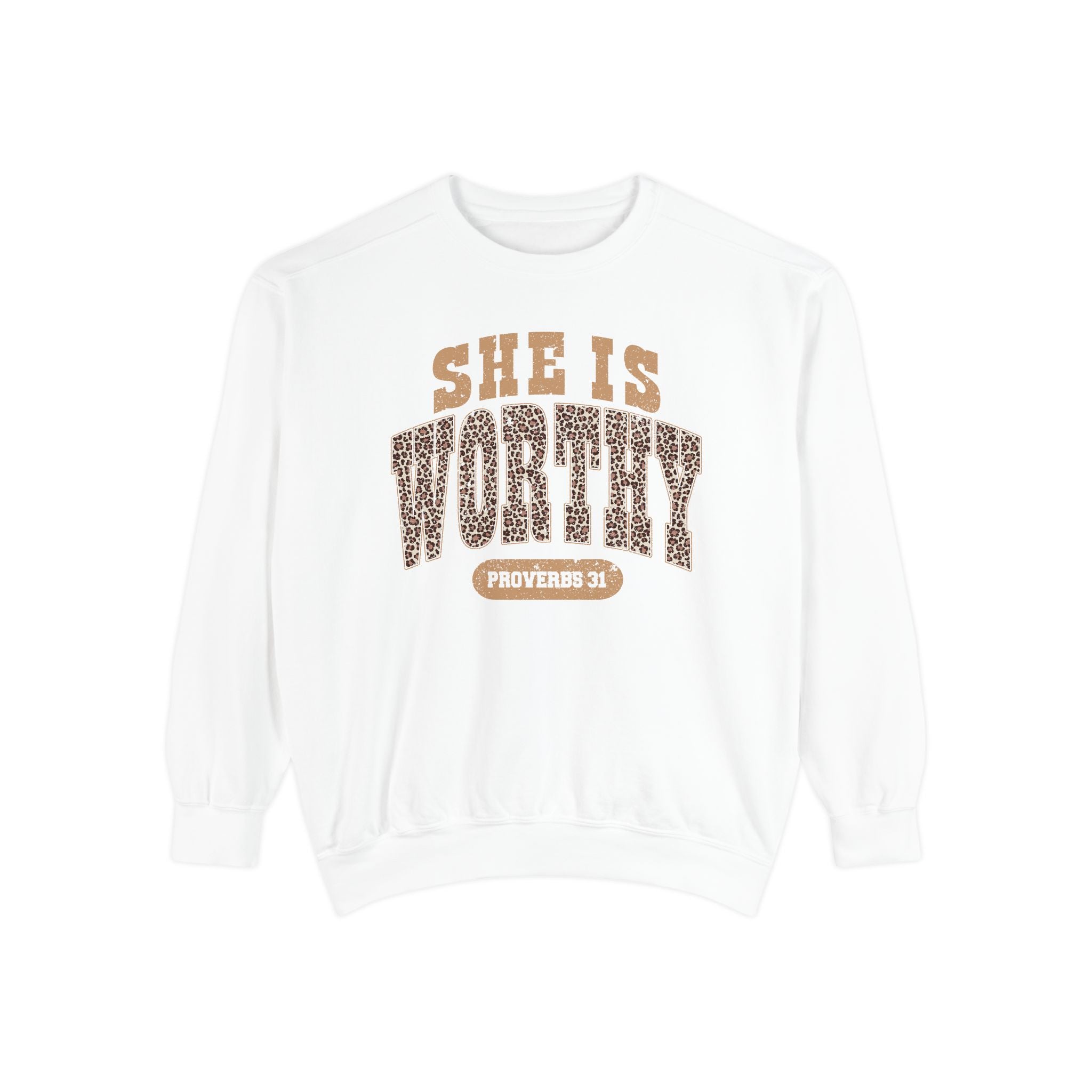 She Is Worthy Sweatshirt — Leopard Print Proverbs 31 Inspirational Pullover