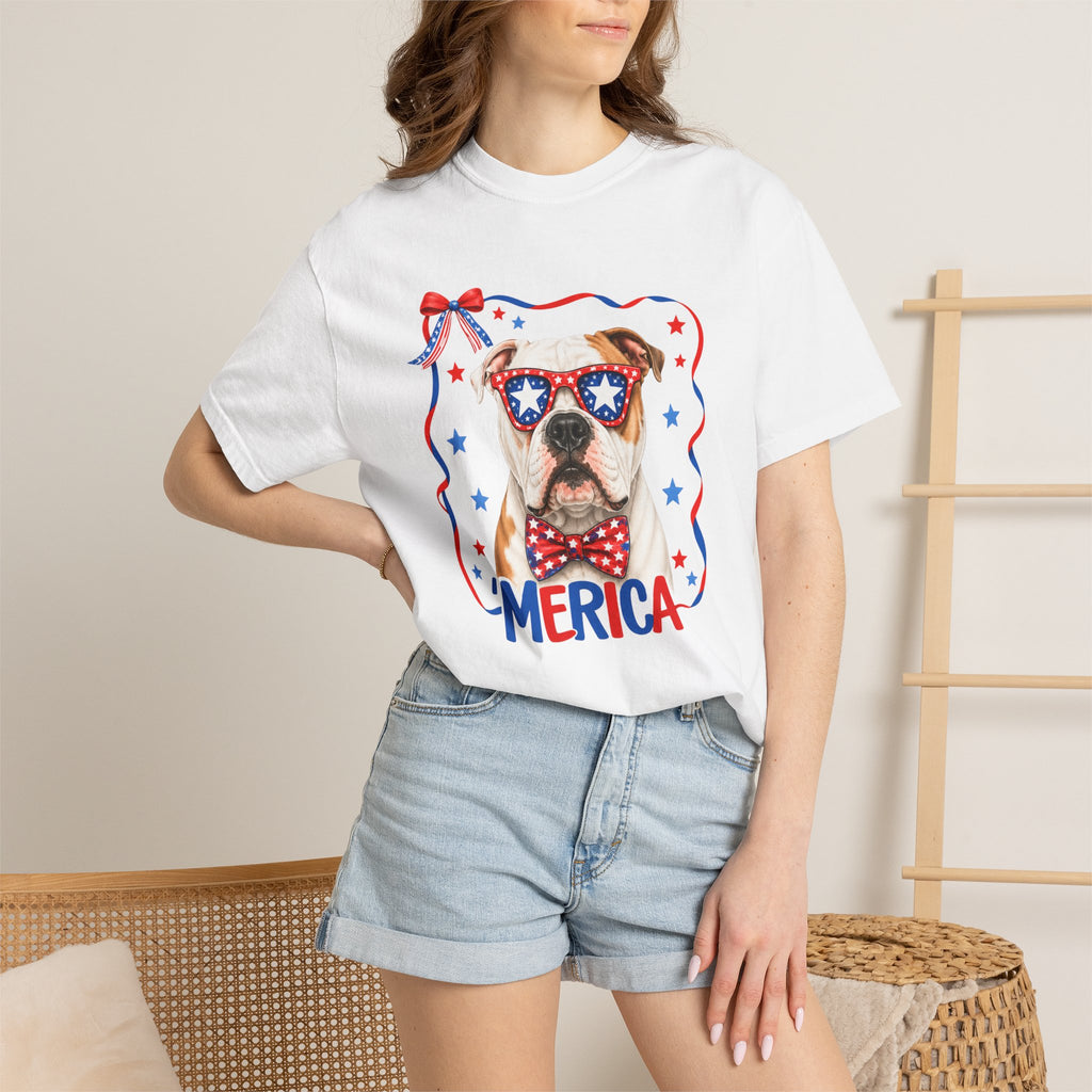 T-Shirt | 'Merica Patriotic Dog Graphic Tee – American Flag Sunglasses & Bow Tie