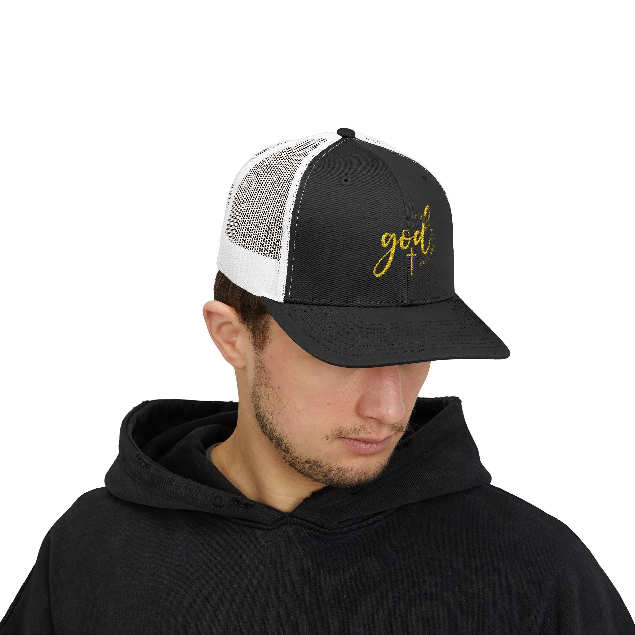 God Script Trucker Cap — Gold Sparkle Faith Snapback