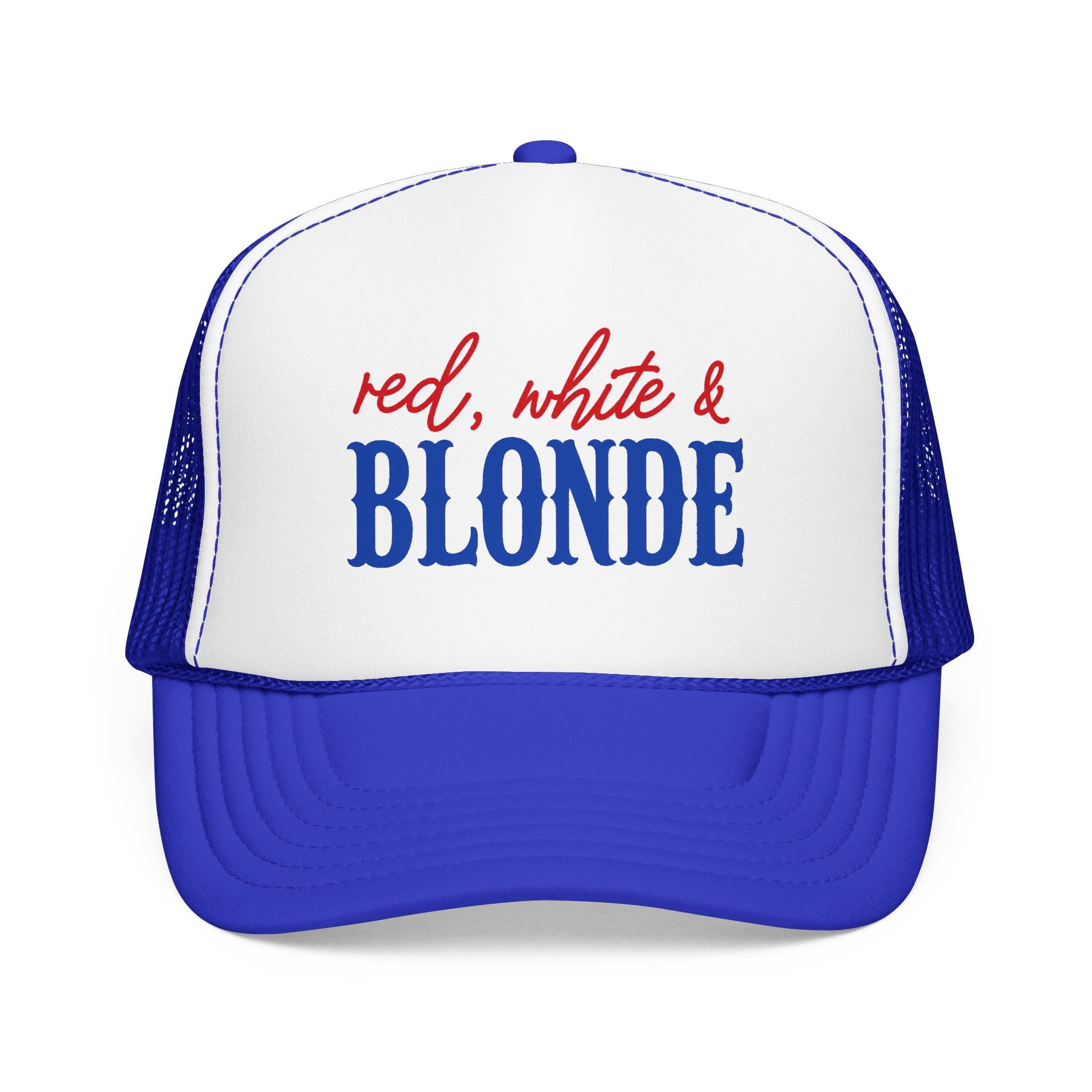 Red, White & Blonde Trucker Hat — Patriotic Blonde Foam Trucker Hat