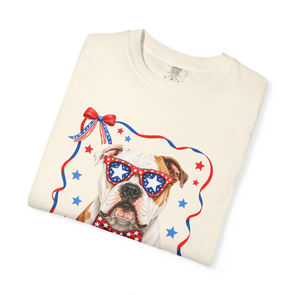 T-Shirt | 'Merica Patriotic Dog Graphic Tee – American Flag Sunglasses & Bow Tie