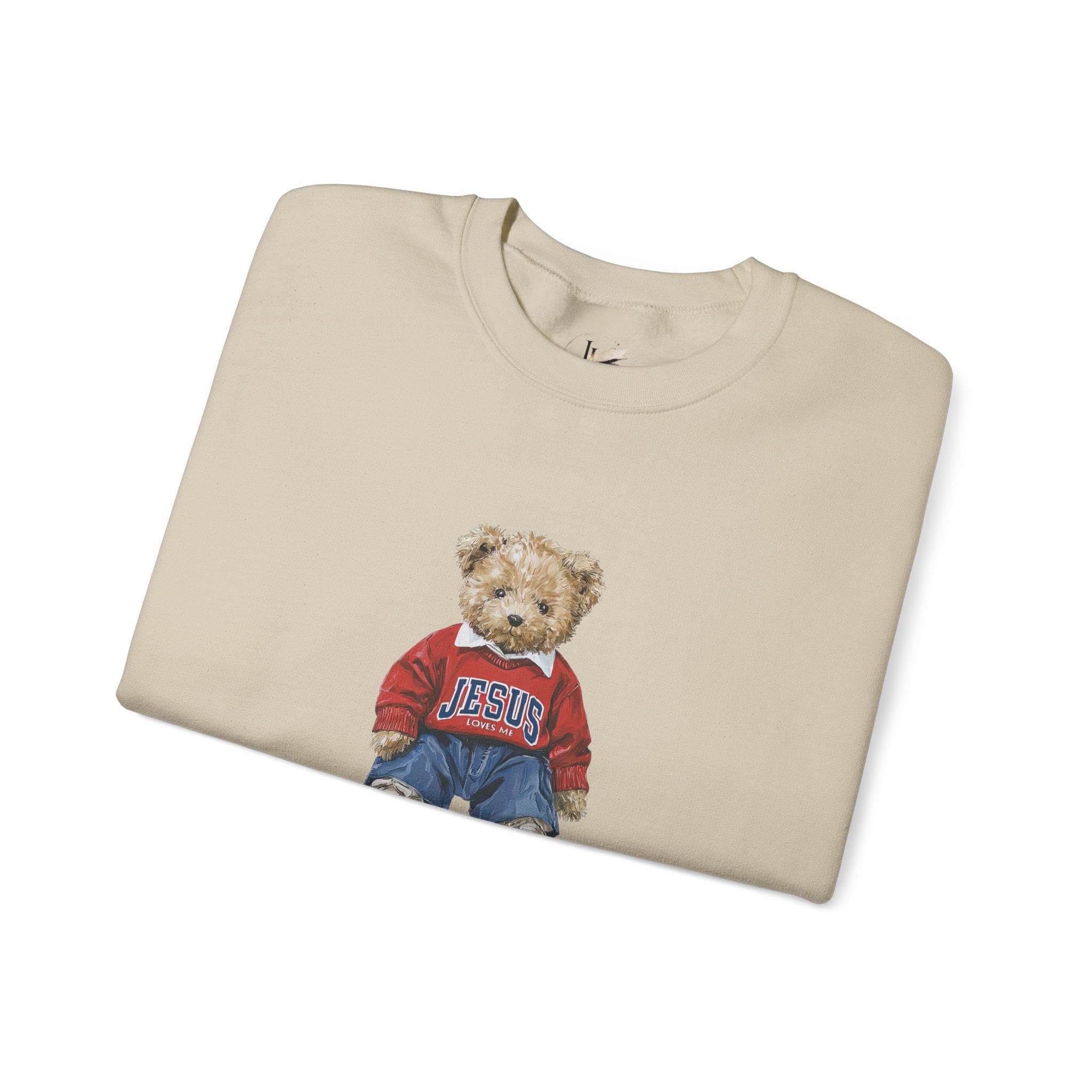 Crewneck Sweatshirt — Teddy Bear Wearing 'Jesus' Sweater Christian Graphic