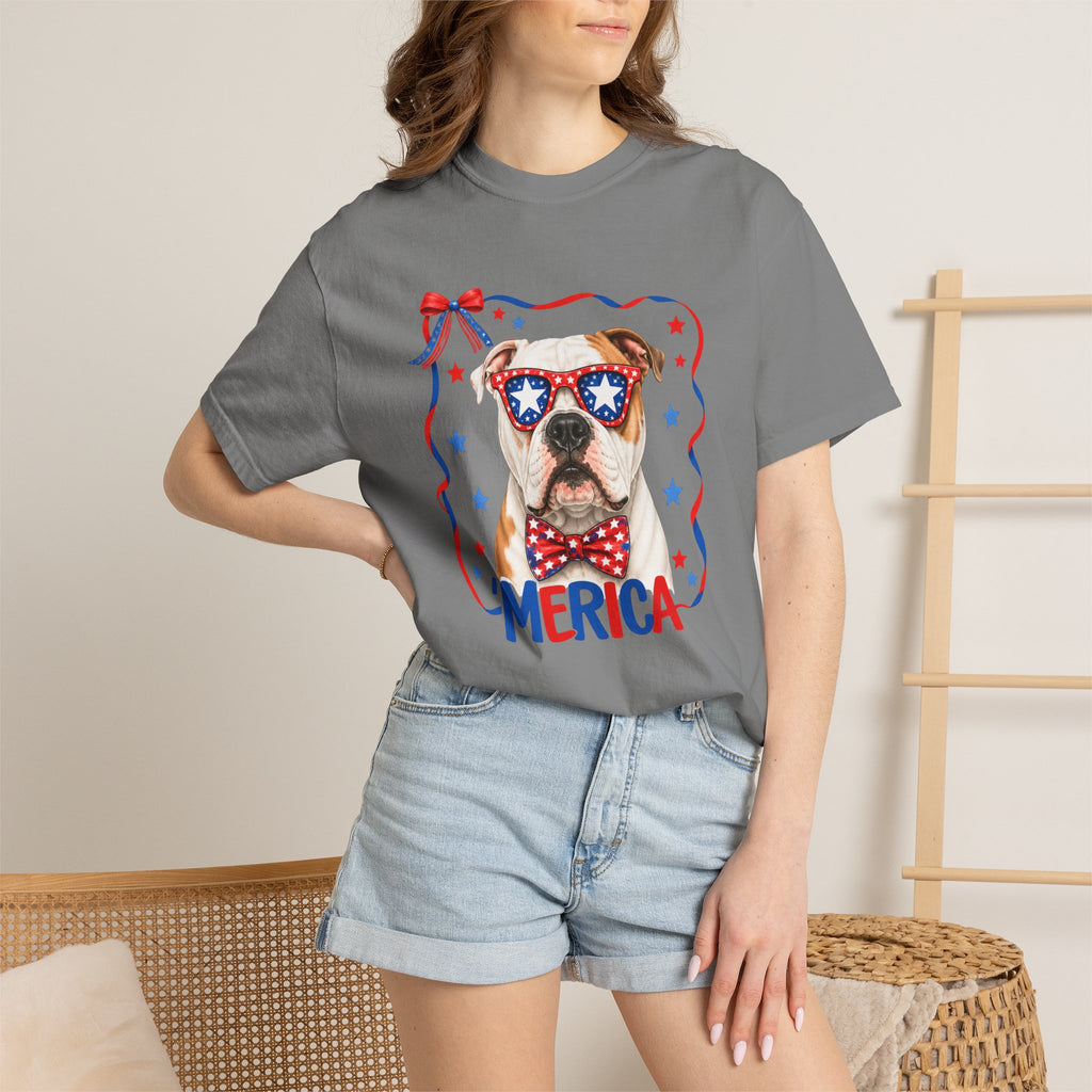 T-Shirt | 'Merica Patriotic Dog Graphic Tee – American Flag Sunglasses & Bow Tie