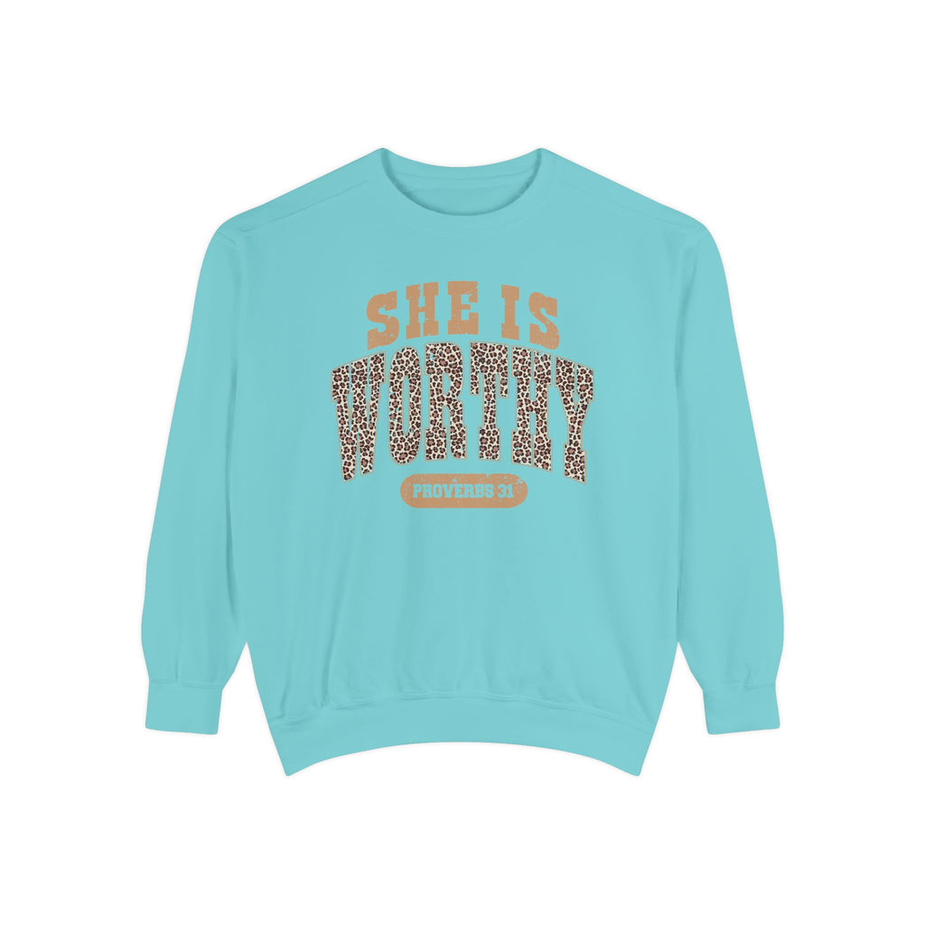 She Is Worthy Sweatshirt — Leopard Print Proverbs 31 Inspirational Pullover