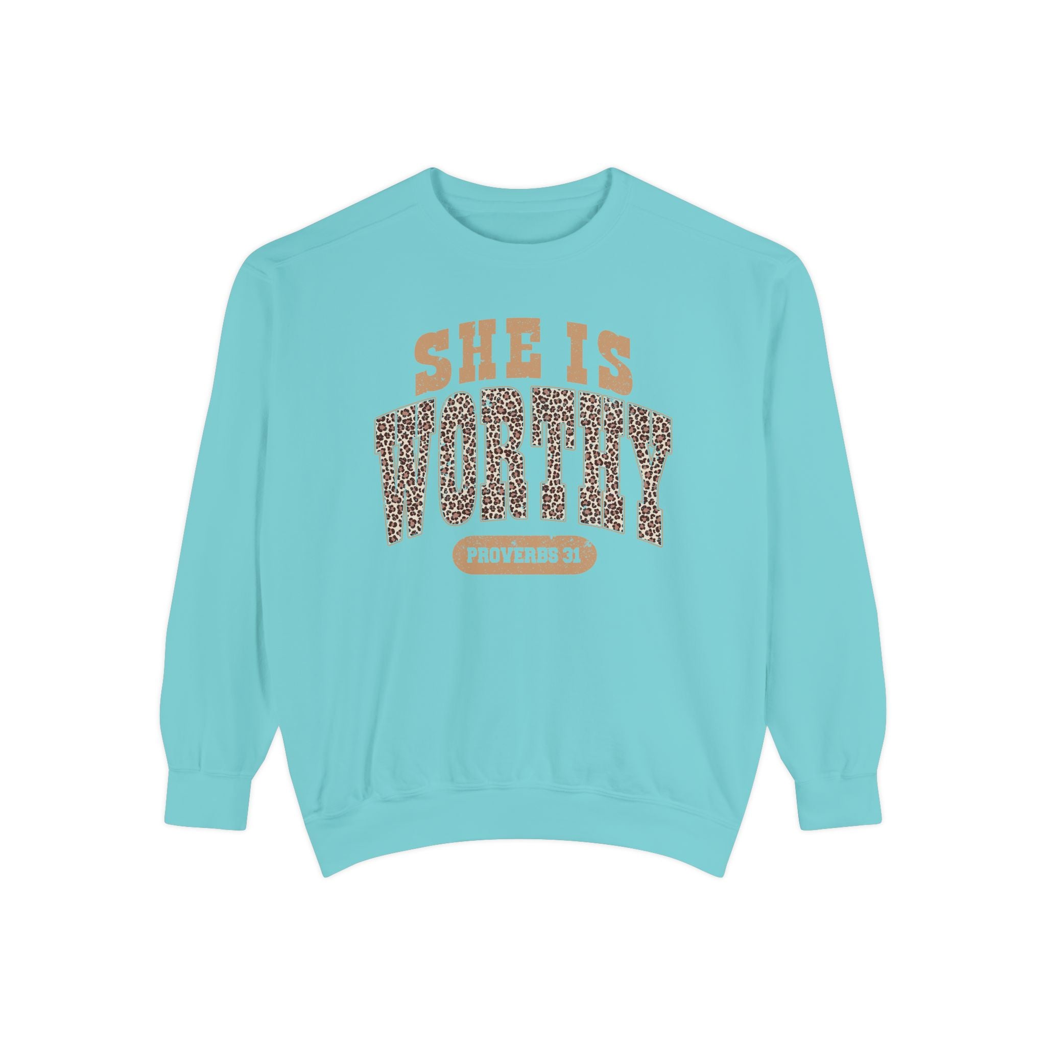 She Is Worthy Sweatshirt — Leopard Print Proverbs 31 Inspirational Pullover