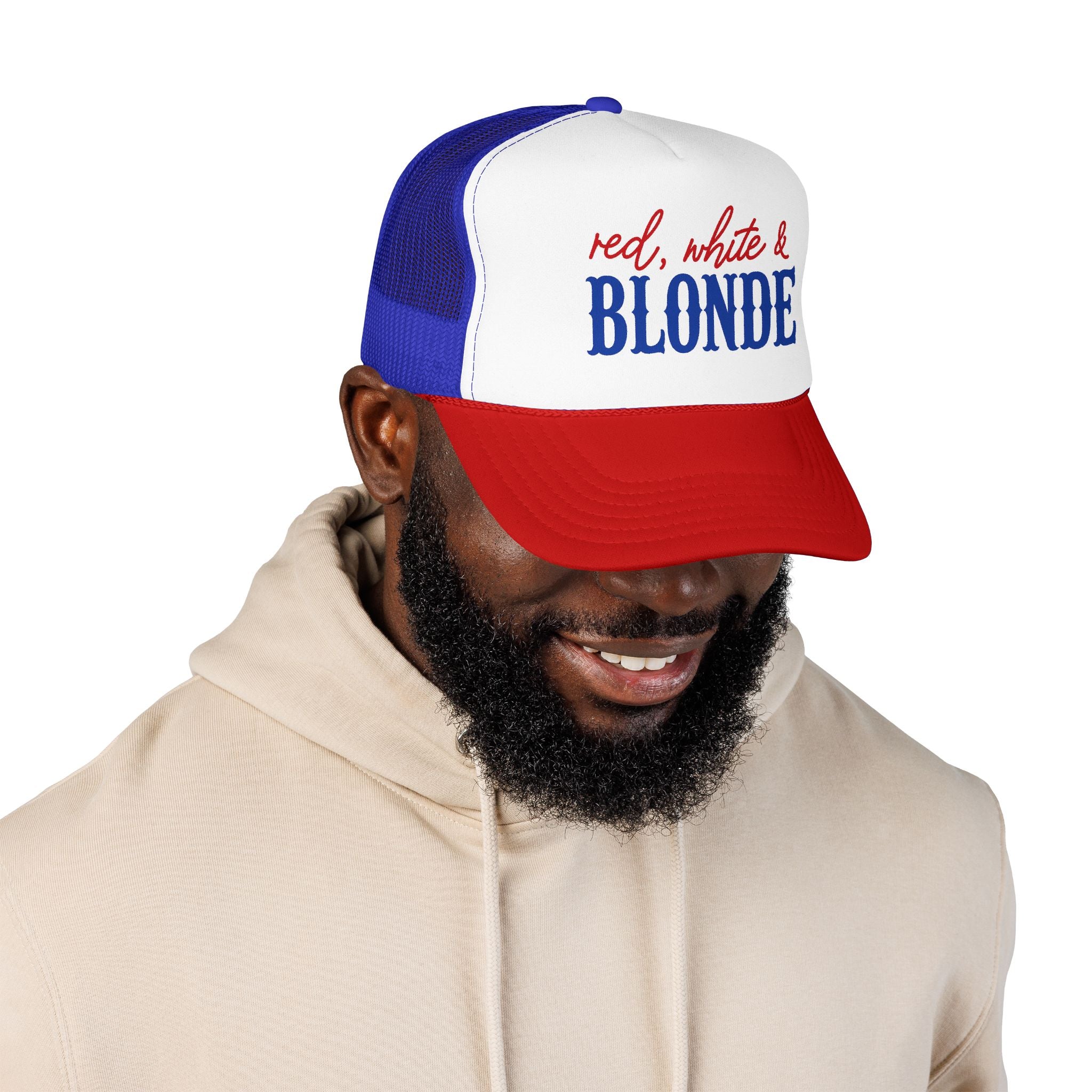 Red, White & Blonde Trucker Hat — Patriotic Blonde Foam Trucker Hat