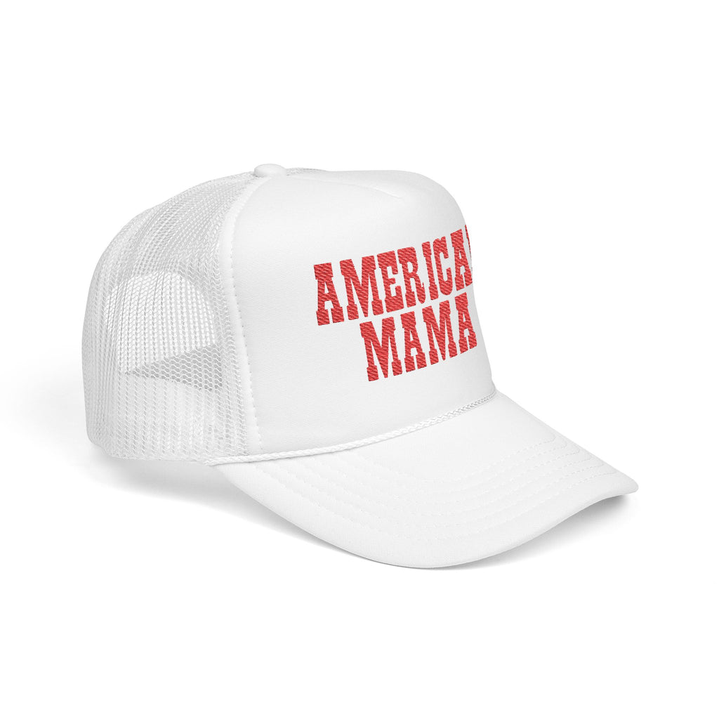 American Mama Trucker Hat - Vintage Red Distressed Foam Mesh Cap for Patriotic Moms