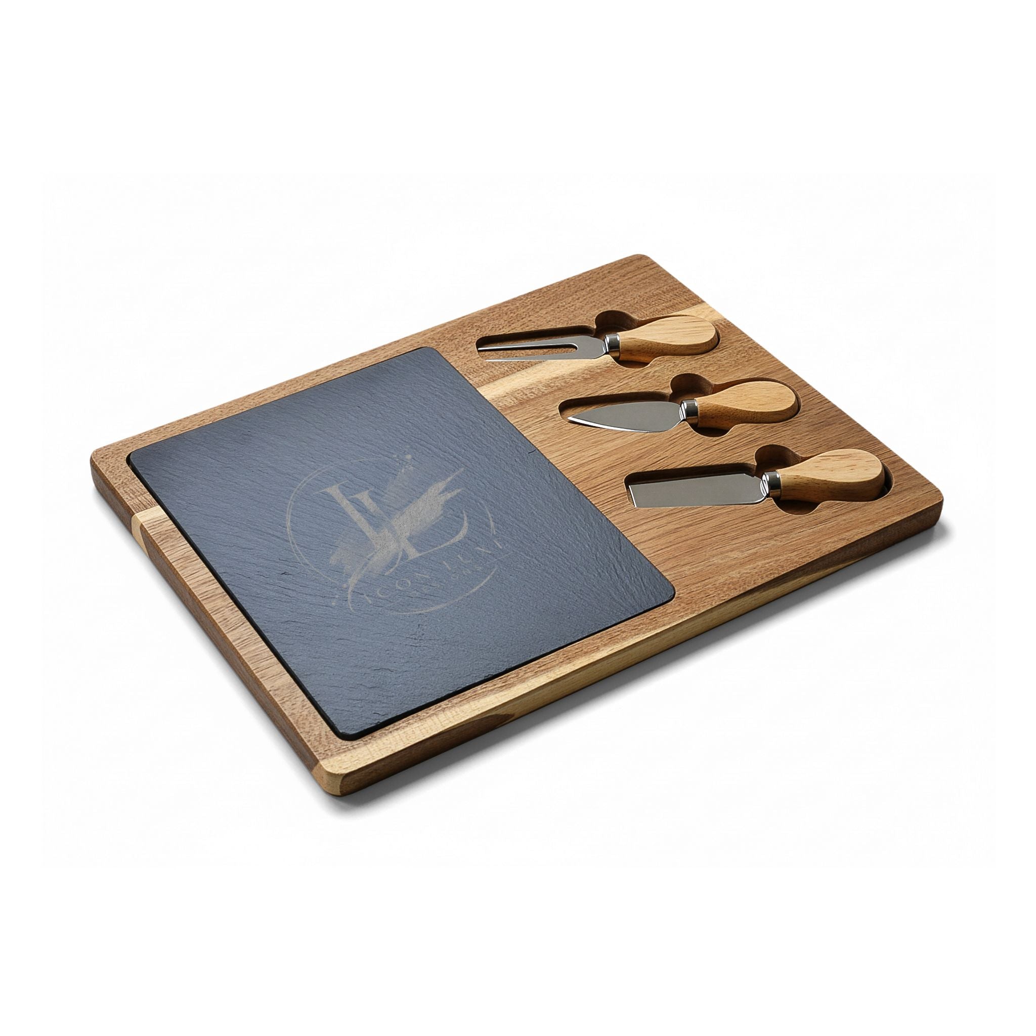 Custom Engraved Acacia Charcuterie Board with Slate Insert & Cheese Tools