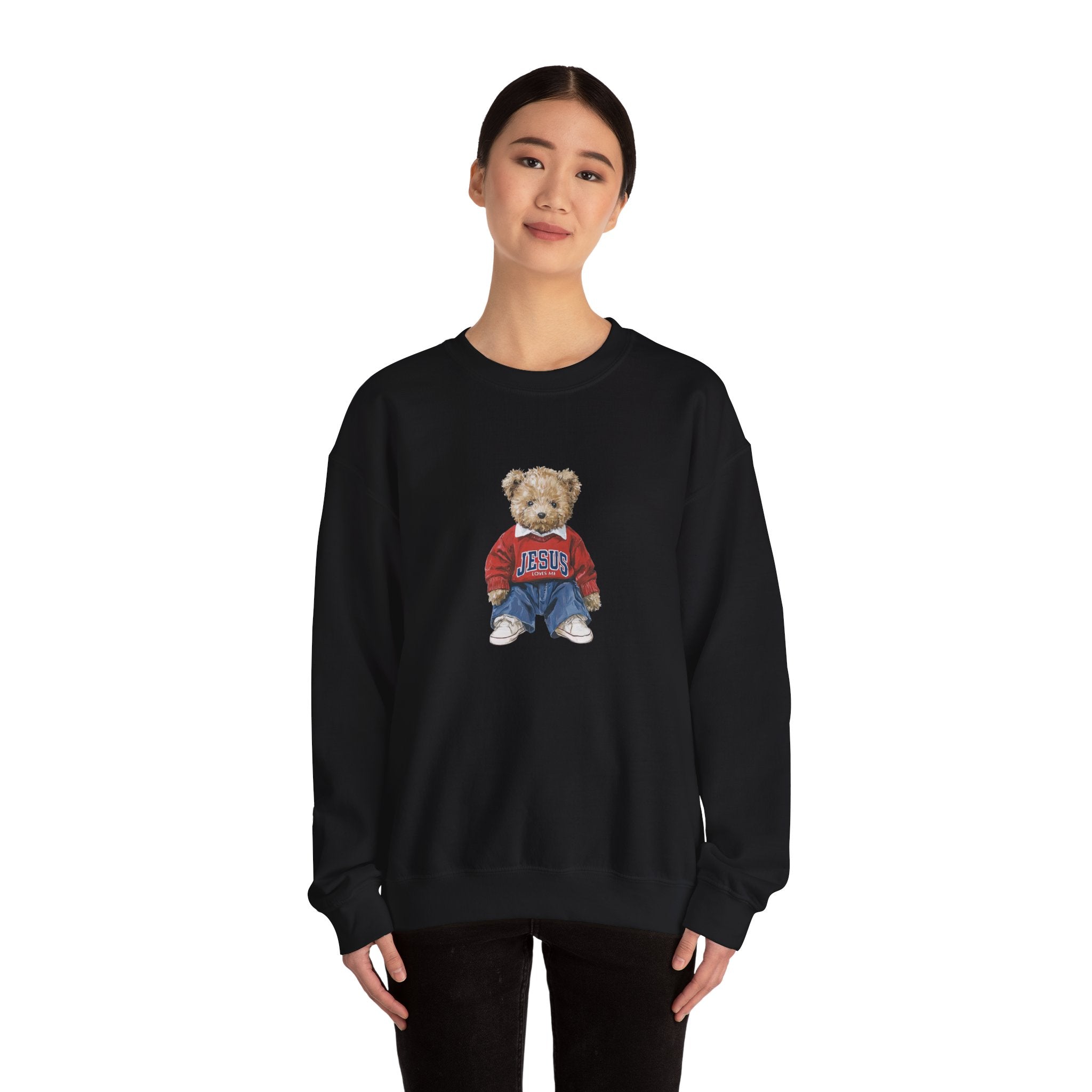 Crewneck Sweatshirt — Teddy Bear Wearing 'Jesus' Sweater Christian Graphic