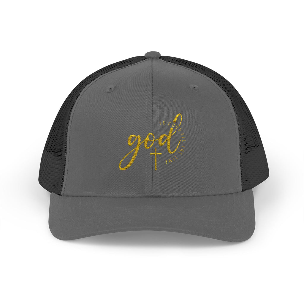 God Script Trucker Cap — Gold Sparkle Faith Snapback