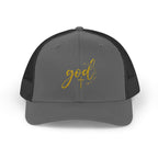 God Script Trucker Cap — Gold Sparkle Faith Snapback