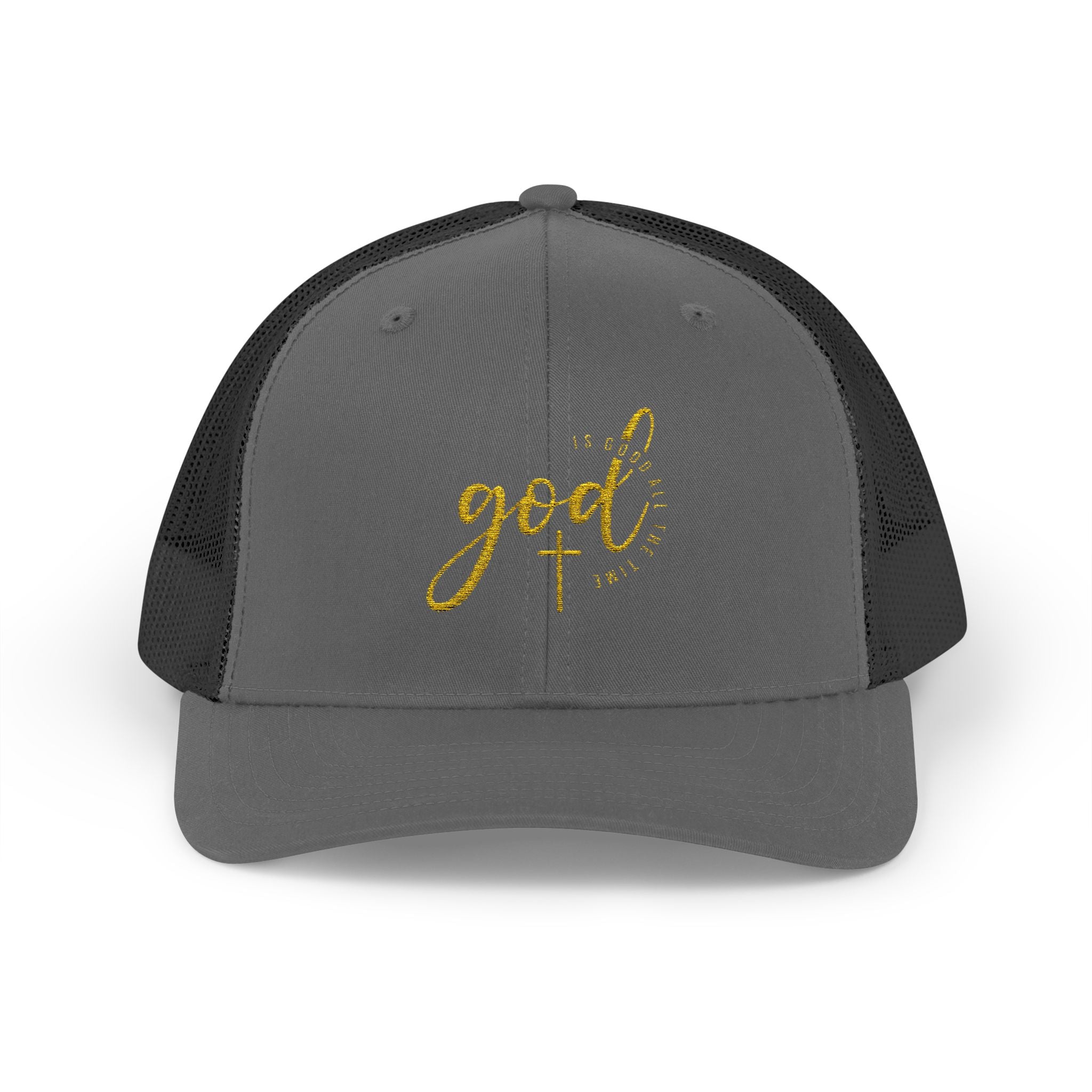 God Script Trucker Cap — Gold Sparkle Faith Snapback